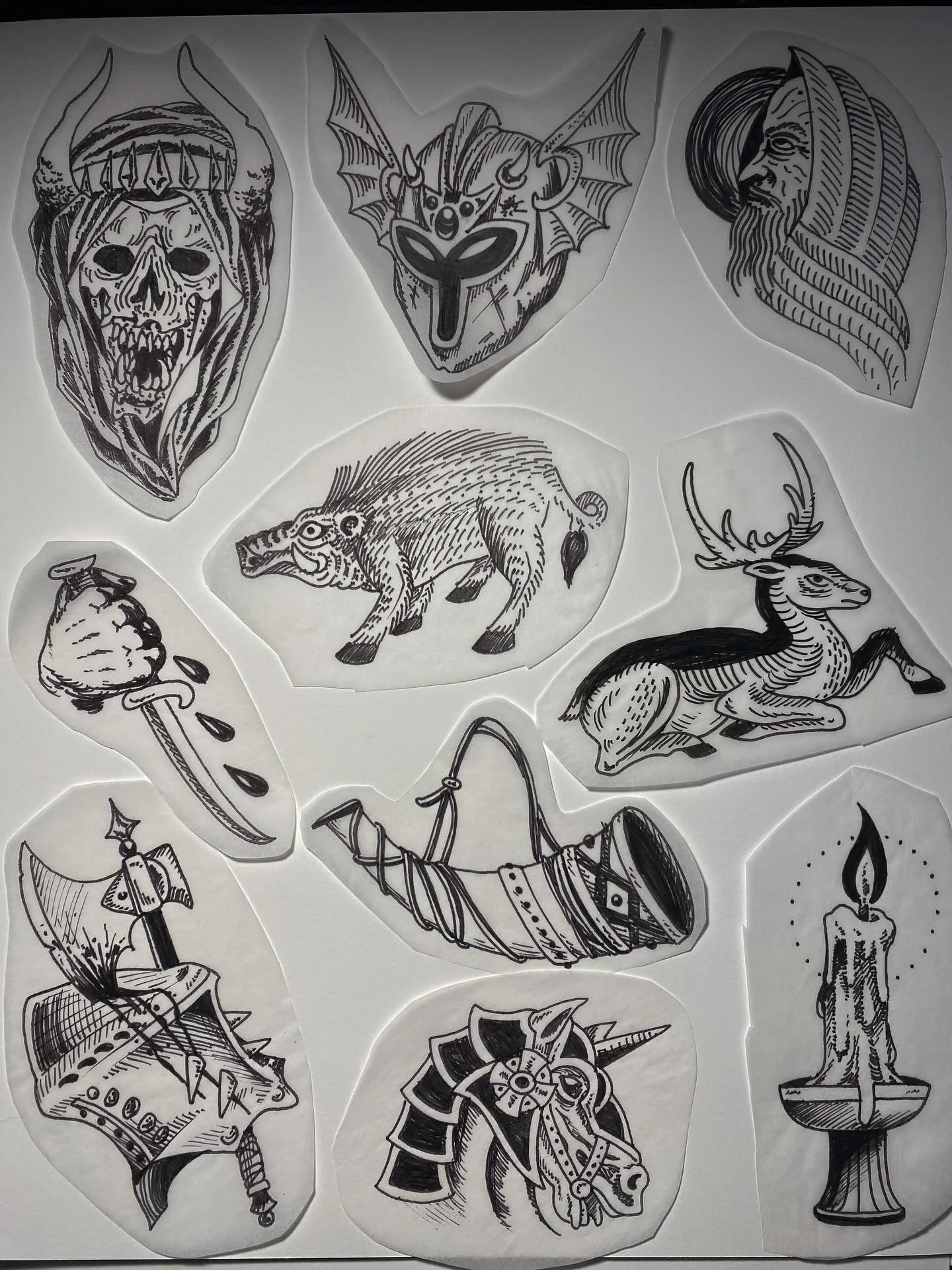 Some smaller sketches I&rsquo;d be happy to clean up and tattoo for you, some new long sleeves I block printed recently (available at @sickleandmoontattoo ), some tattoos, and some more doodles for tattin or looking at. Those designs on the first sli