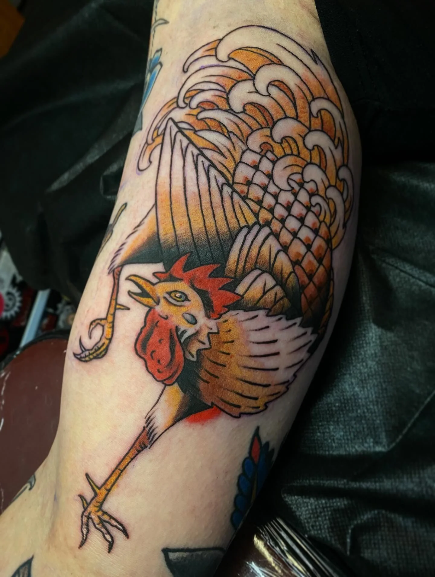 Right as I started this tattoo, Caryn was telling me how she thought she might like an armpit tattoo. She is less sure now but I enjoyed making this Golden Comet rooster nonetheless!

For revelations galore, contact your local @sickleandmoontattoo ou