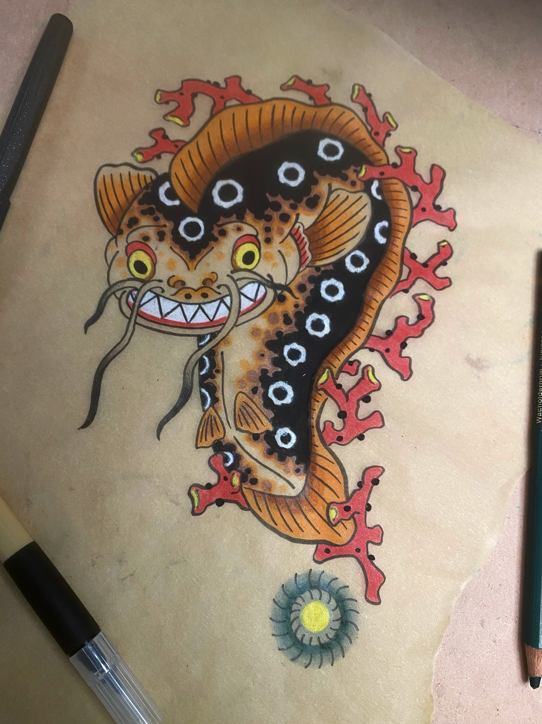 Namazu done as a reference to the American traditional "burning question" motif. About 7/8 inches tall. Perfect for a limb. No changes, please. Really, really want to do this!
