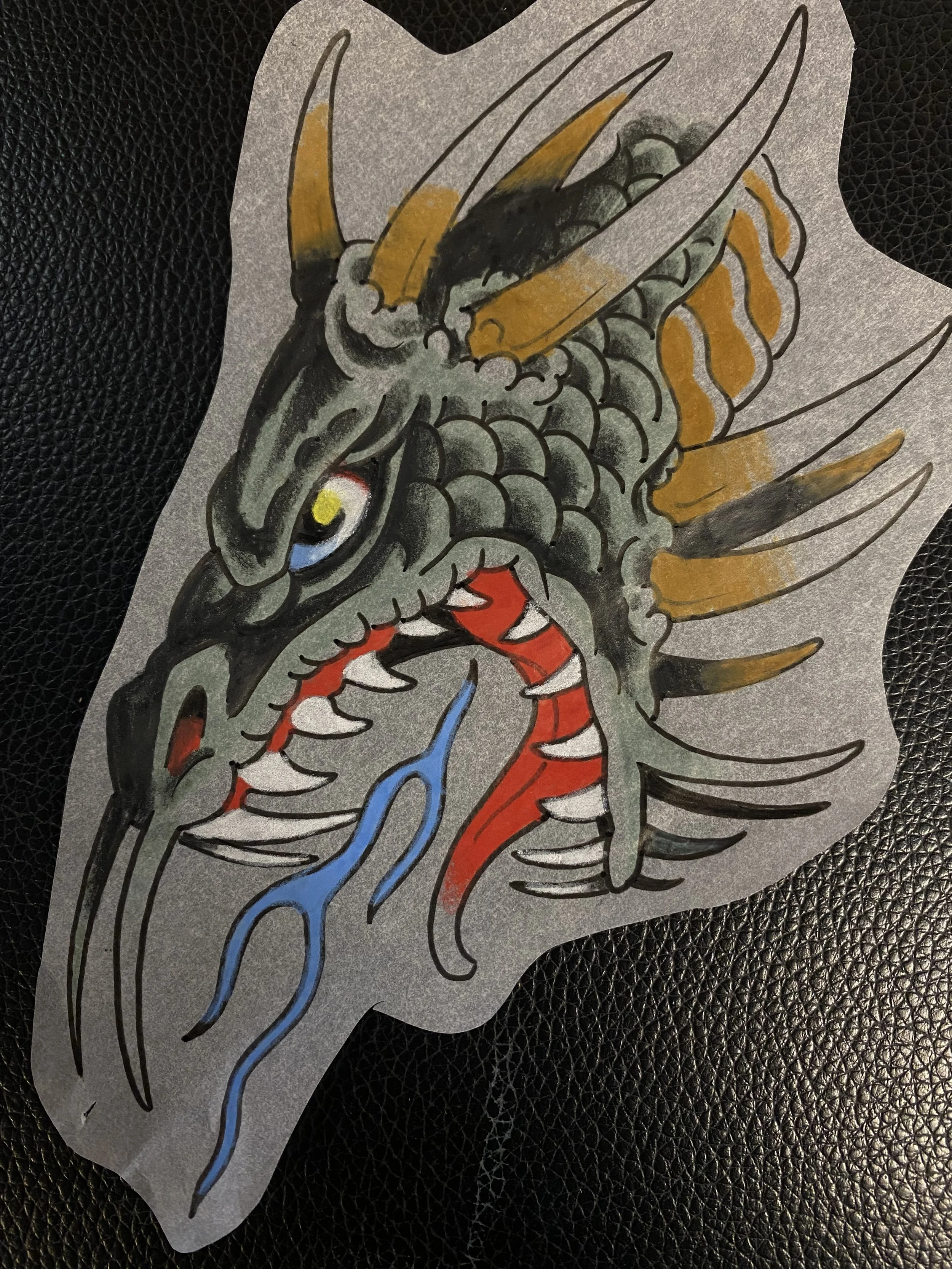 About 6 inches from neck to whisker tip. Ideal for chest panel, inner bicep, calf, or thigh, but not difficult to place in other locations. Color only.