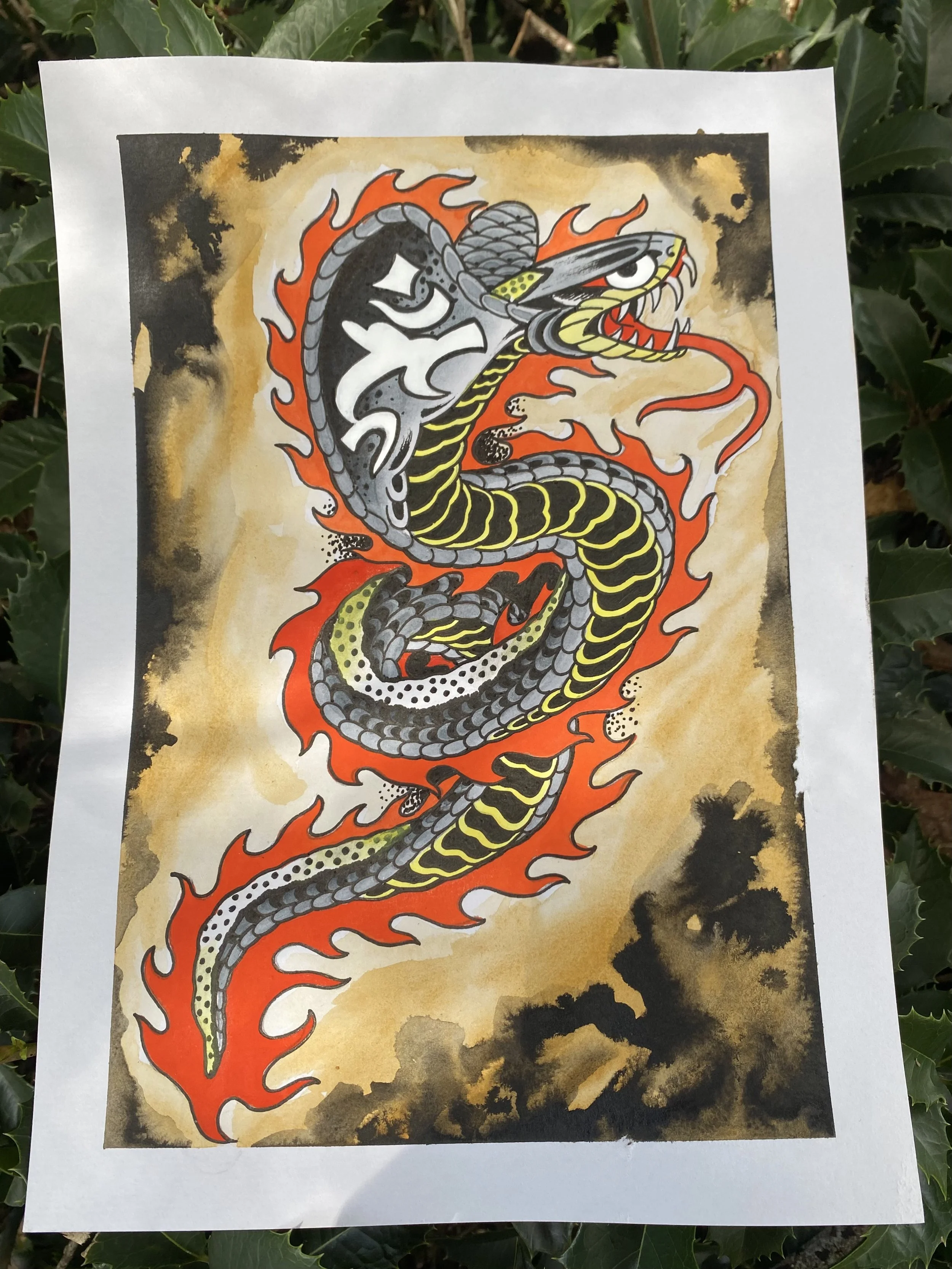 Pretty large, about 8 inches tall. Could work on a forearm, calf, thigh, or upper arm. The symbol on the hood of the cobra is a bonji representing the Buddhist deity Fudo Myo-o. That can be easily changed to just a cool pattern if you’d prefer. Color