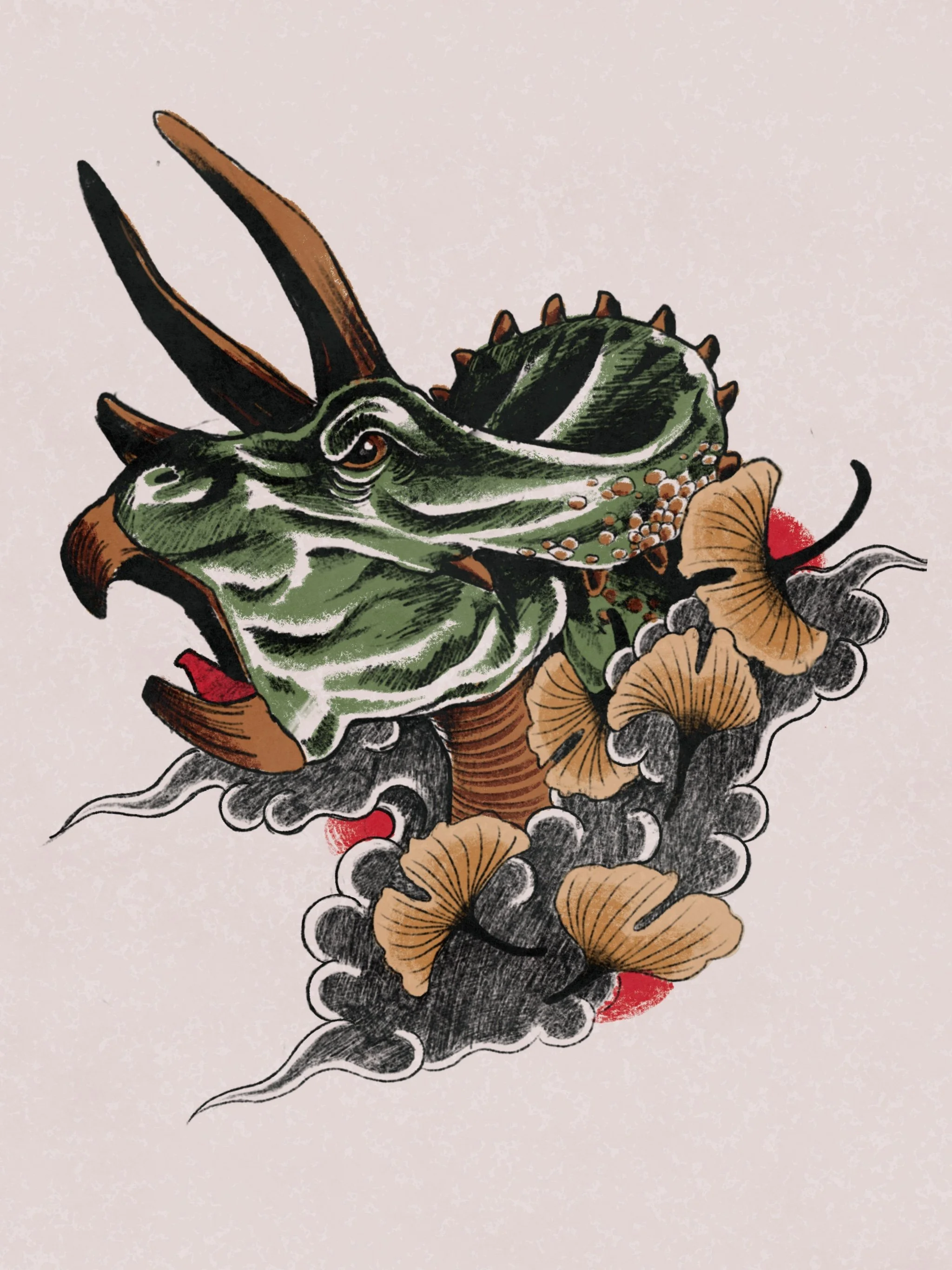 5-6 in tall. Scientifically inaccurate triceratops. Rear calf, on an arm, or larger on the outer upper thigh are some options, among others. Black and gray would also work well for this design.