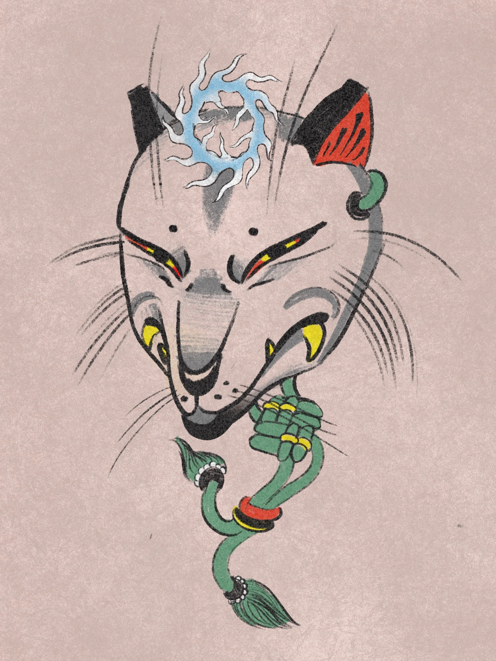 5ish in tall. Kitsune mask. Ideal for a limb. Colors subject to change, black and gray also available.