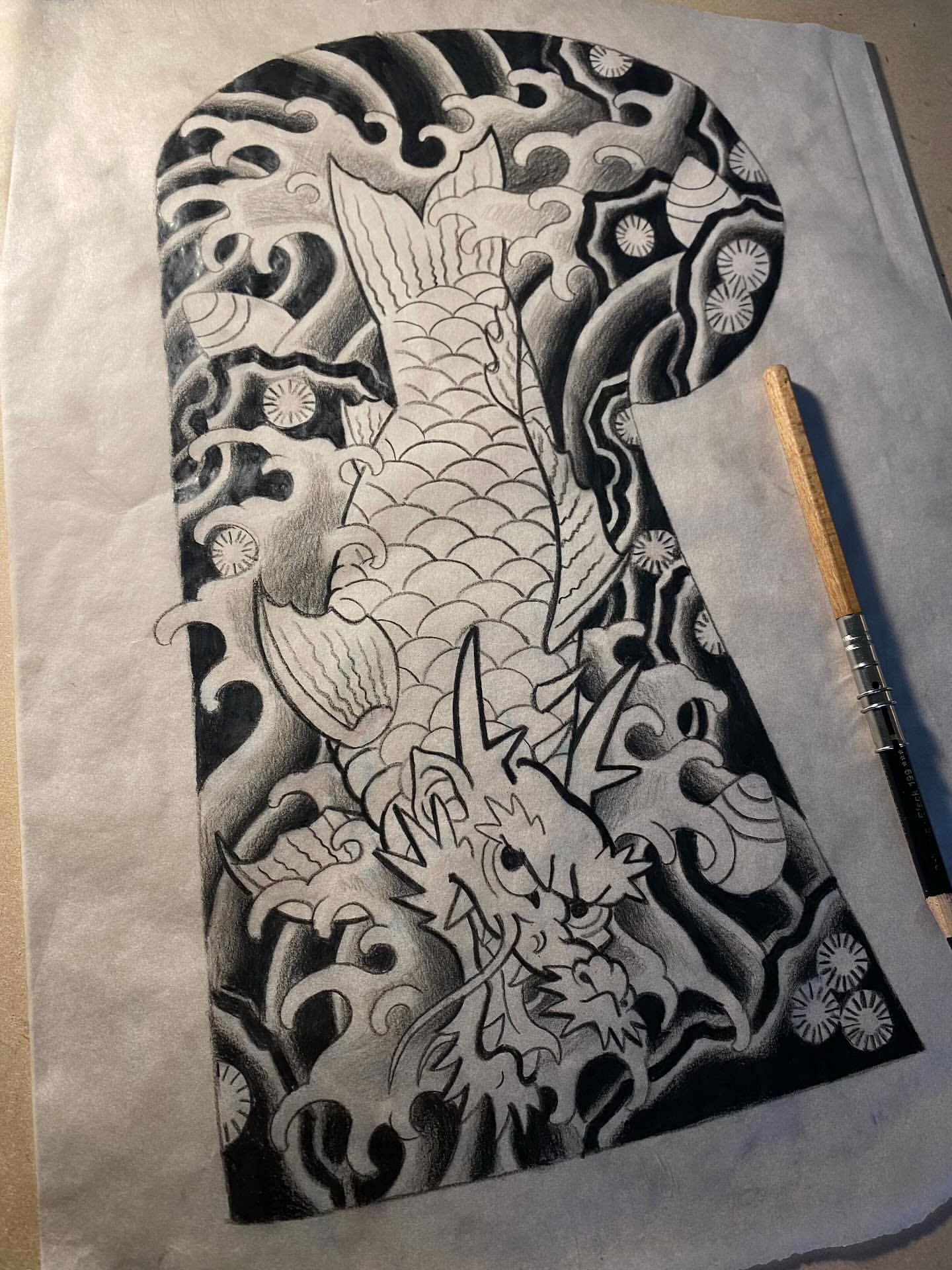 Half sleeve. Concept only, background would need to be drawn on with markers and so would have variation from this drawing. Koi dragon, mid transformation after cresting the waterfall. Traditionally done moving upwards, a downward dragon koi could be