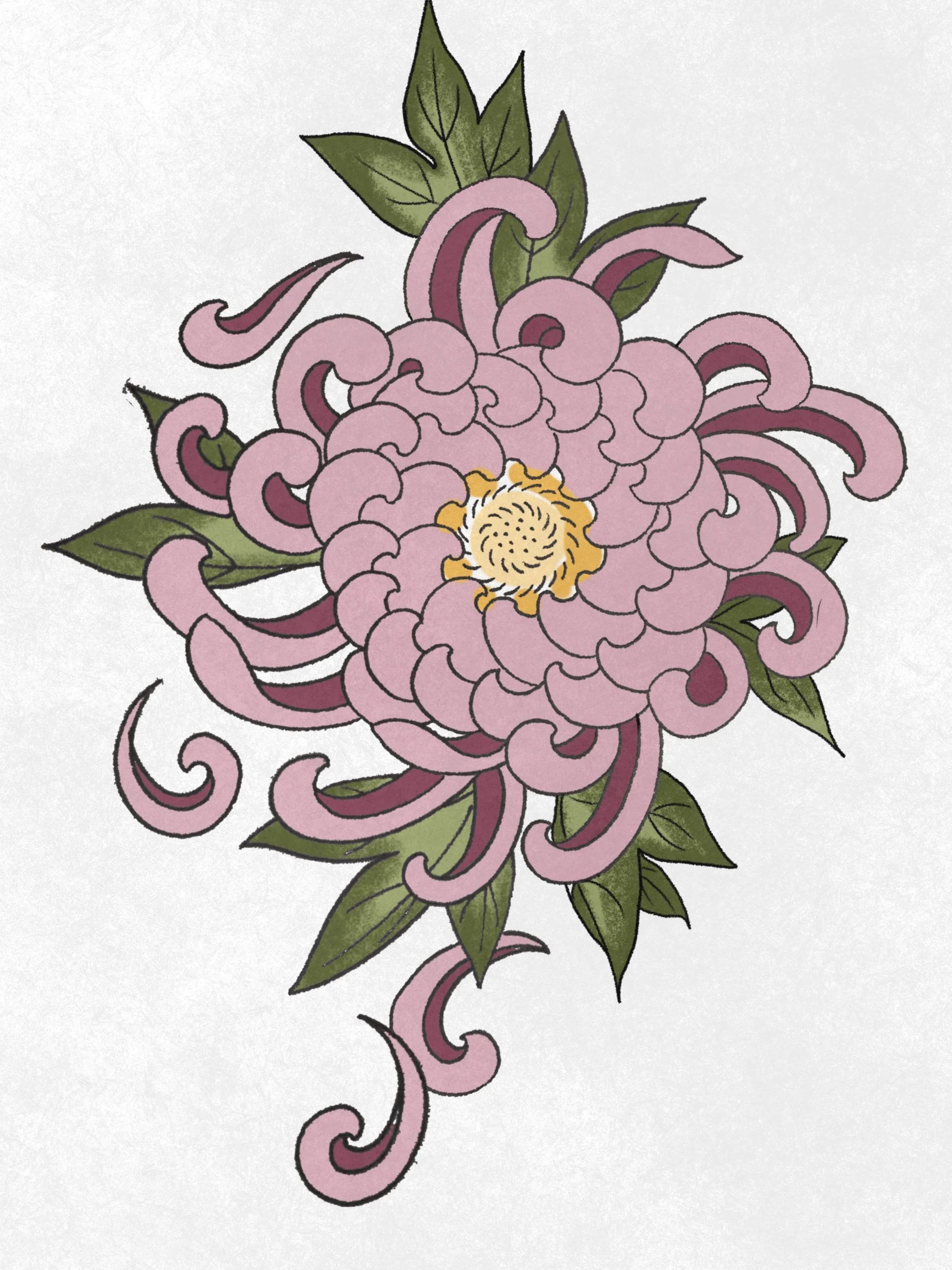 6ish in tall. Chrysanthemum (kiku). Would be great on a knee or possibly elbow. Colors can be adjusted to suit, or done in black and gray. Falling petals optional/moveable.