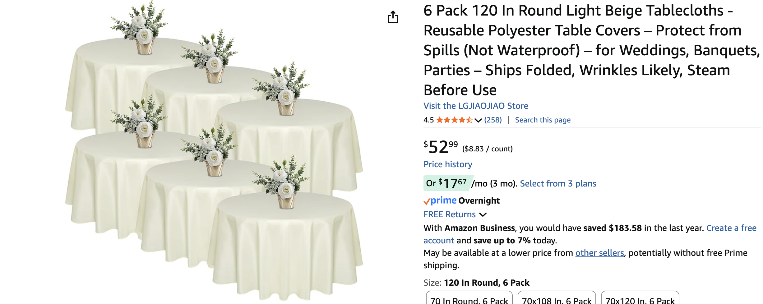 6 pack NEW ivory round linens