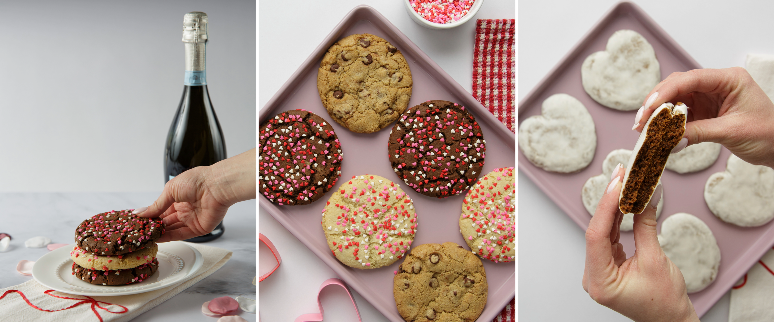 Product photography collage showing cookies photographed with vertical crops, including a close-up texture detail, a flat lay of classic cookies, and a lifestyle scene styled for social media and marketing use.