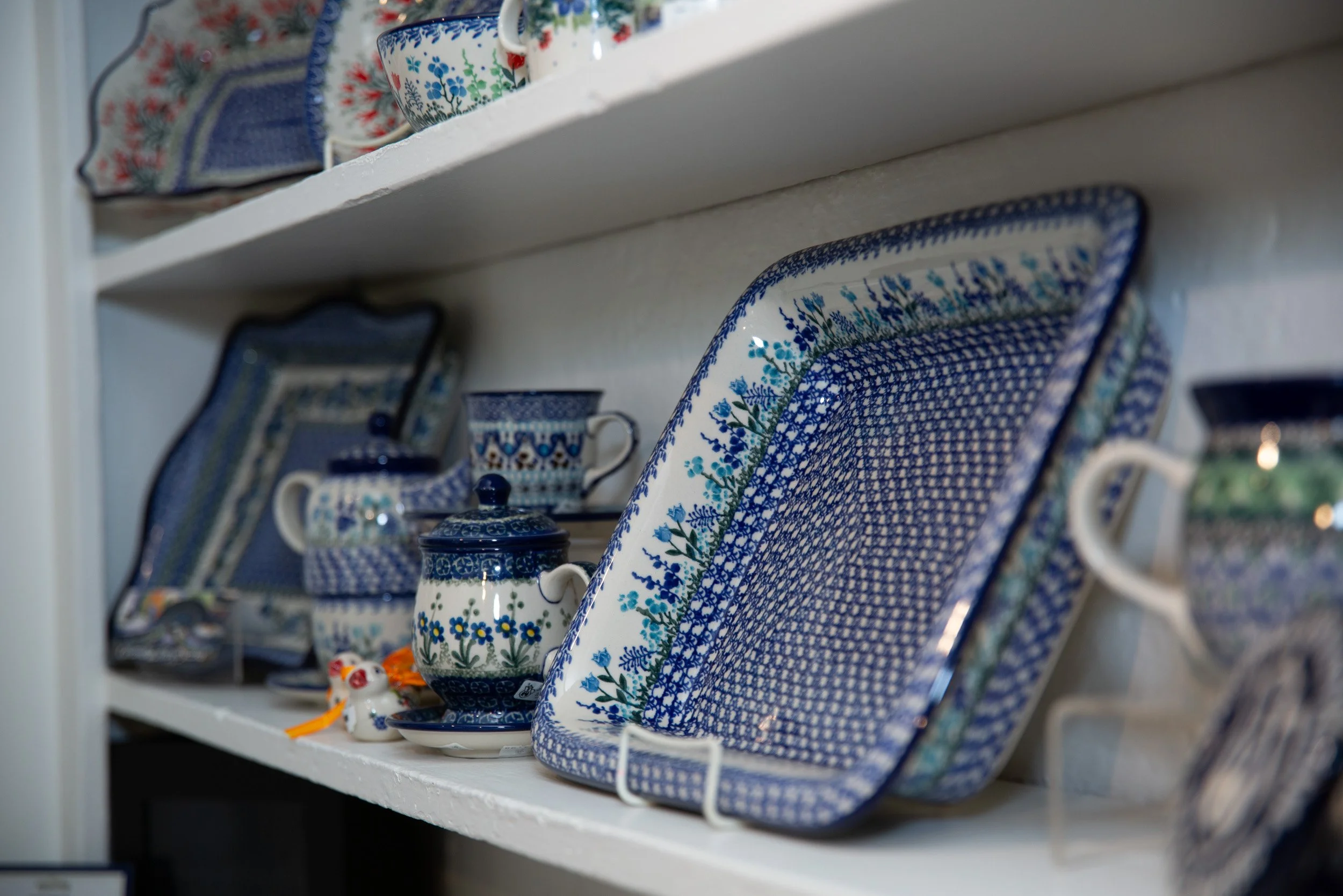 Blue-and-white Polish pottery displayed at Village Kitchenworks in Skippack, Pennsylvania.