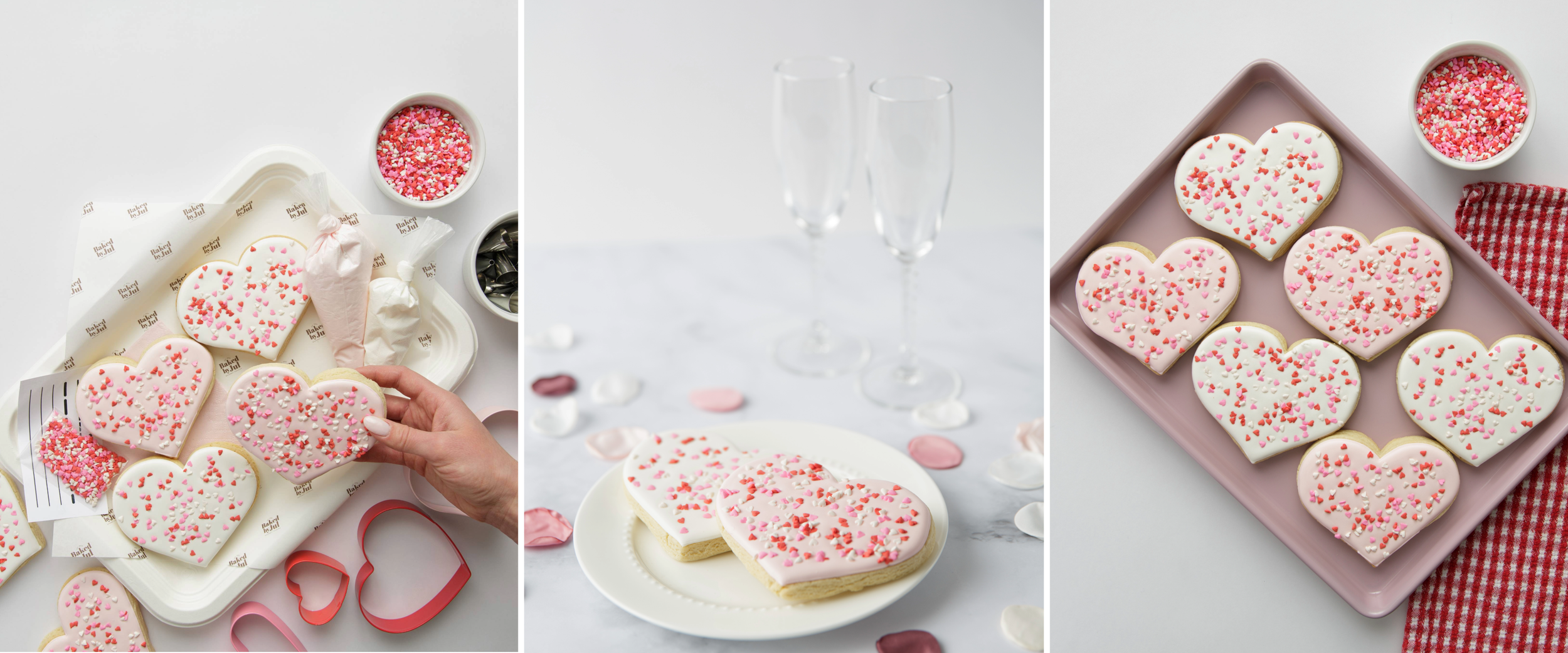 Product photography collage showing heart cookies with heart sprinkles photographed as an overhead flat lay, a lifestyle scene, and a styled image to demonstrate flexible use for social media and marketing.
