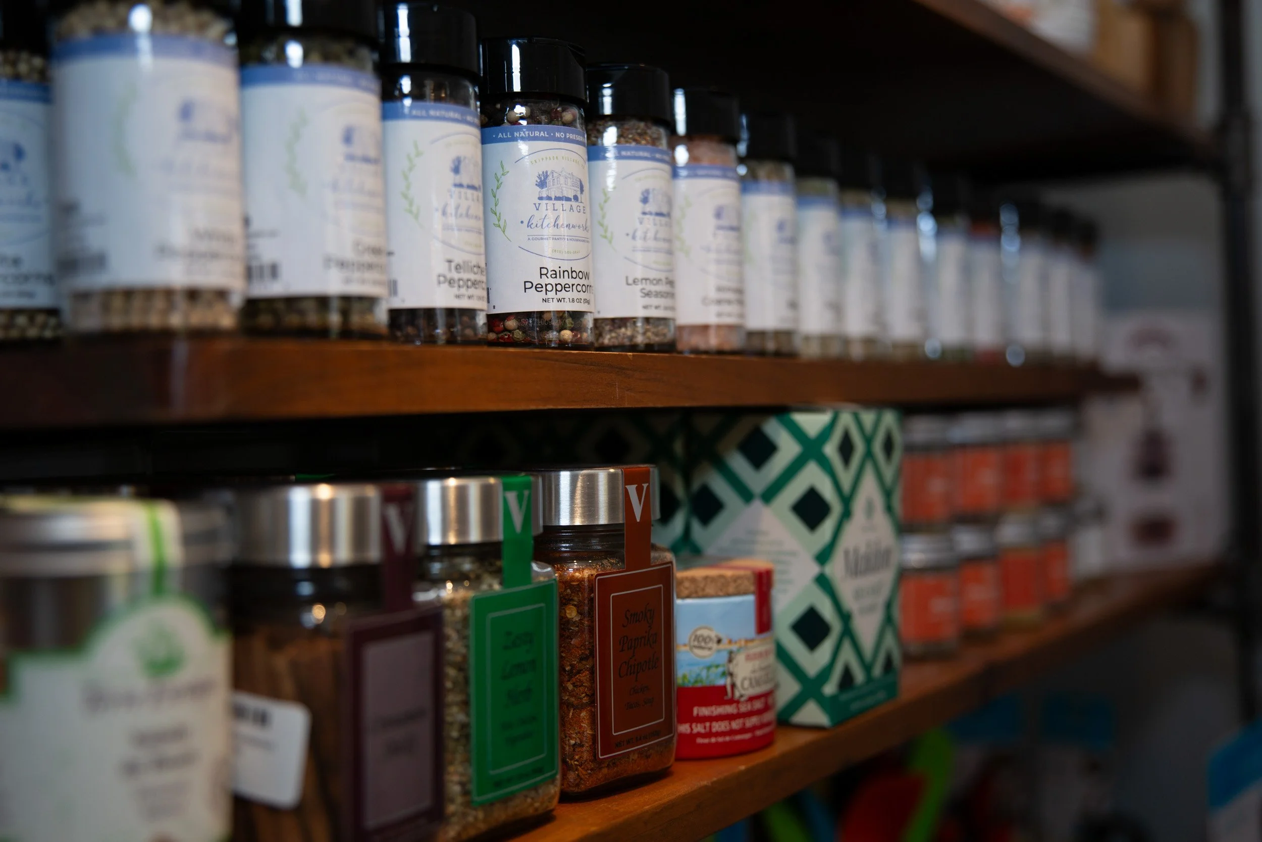 Seasonings and spices displayed on shelves at Village Kitchenworks in Skippack, Pennsylvania.