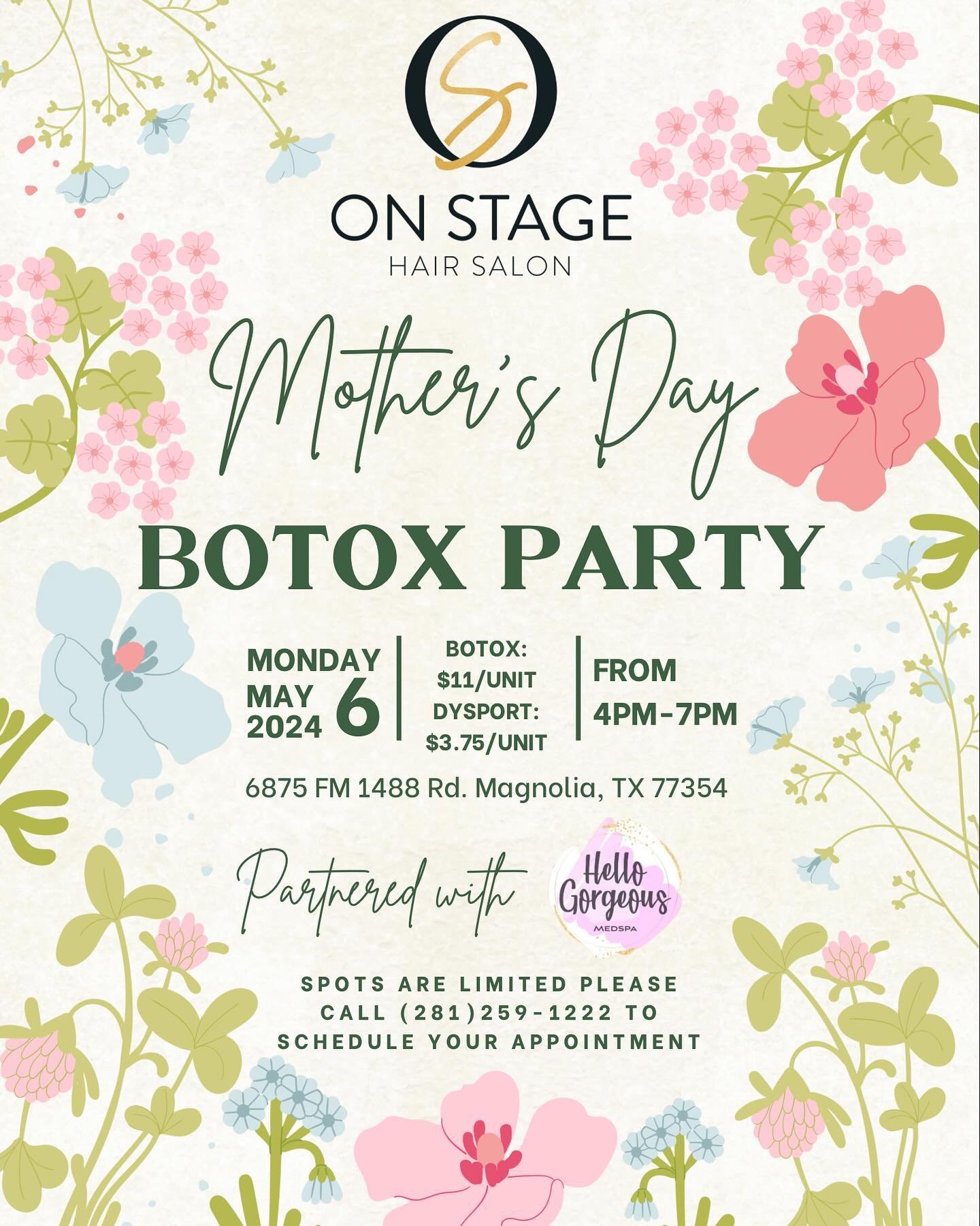 Get ready to pamper your mom (and yourself😉) this Mother&rsquo;s Day! 🌸 
Join us at On Stage Hair Salon Magnolia for a Botox Party where you can enjoy small bites, bubbles, and treat yourself!🥂✨

WHEN: Monday, May 6th, 4PM-7PM
WHERE: On Stage Magn