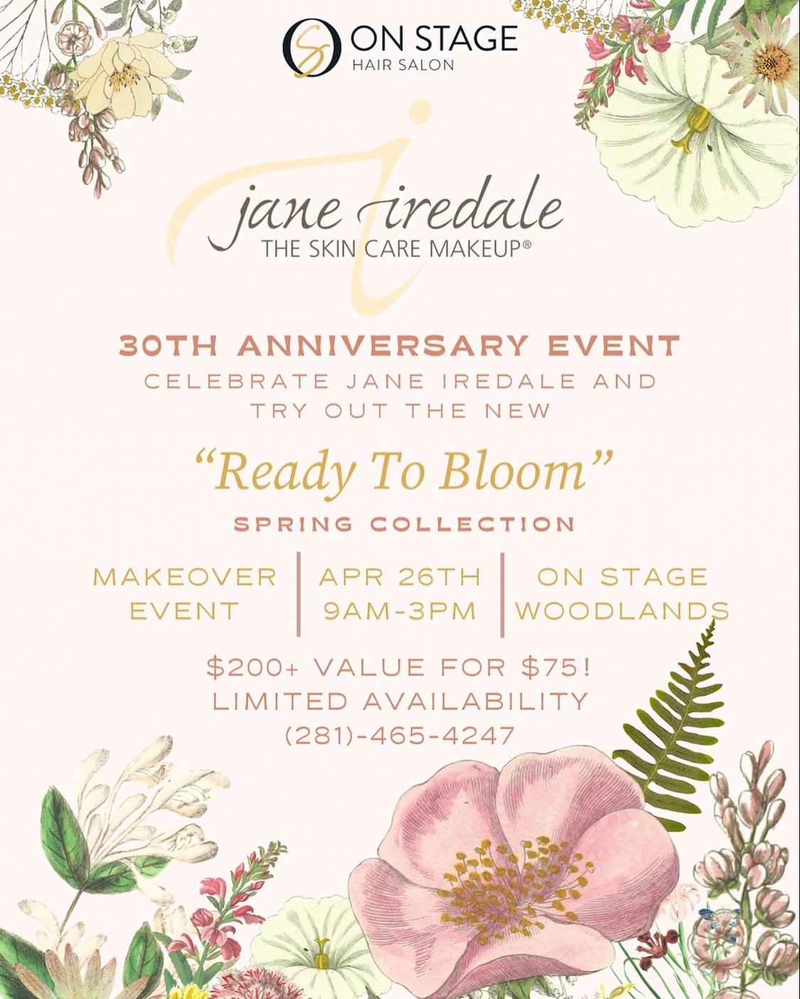 ONE WEEK UNTIL our Jane Iredale event where we will celebrate Jane&rsquo;s 30th anniversary and you will get to try out the brand new &ldquo;Ready to Bloom&rdquo; Spring Collection!🌷

The celebration will be a makeover event where you can take part 