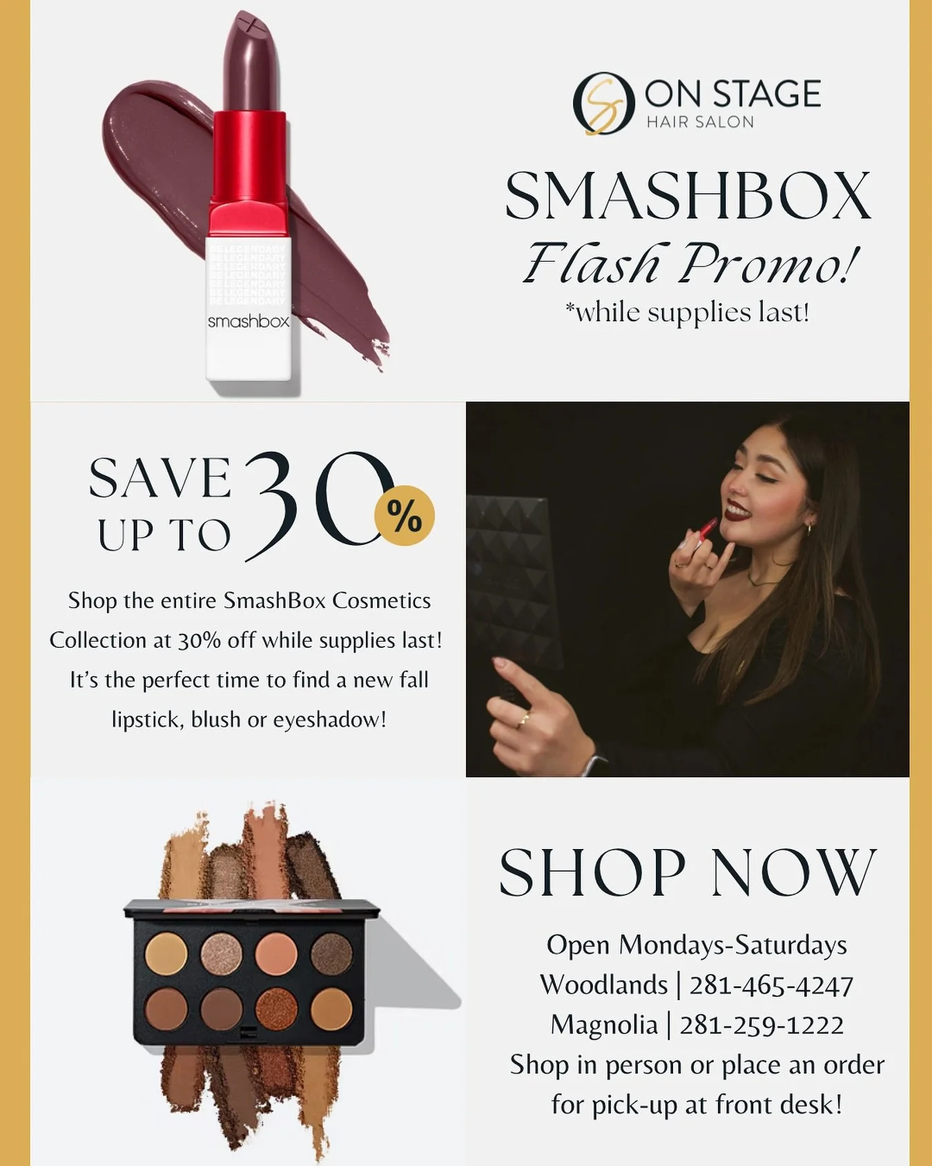 Fall is in full swing🍂&hellip; and so is our Smashbox Flash Promo! 
Whether you&rsquo;re craving a bold berry lip, a cozy neutral blush, or a shimmer that transitions beautifully into winter, now&rsquo;s the perfect time to explore new shades.💄💋

