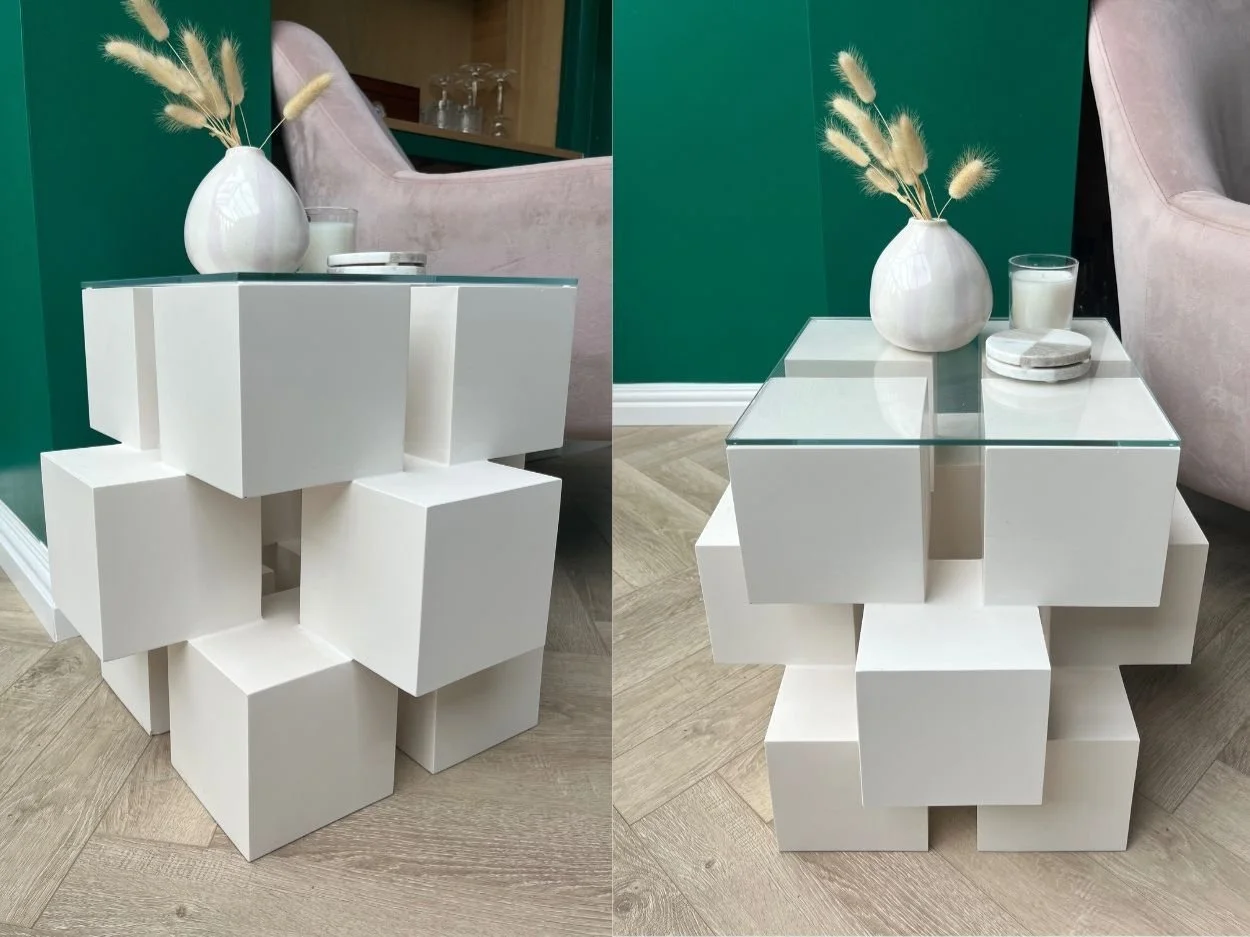 A unique bespoke jesmonite side table designed and handmade for a modern interior project in Preston. Featuring a geometric cube-inspired design with a sleek contemporary finish, this statement piece combines sculptural form with practical everyday u