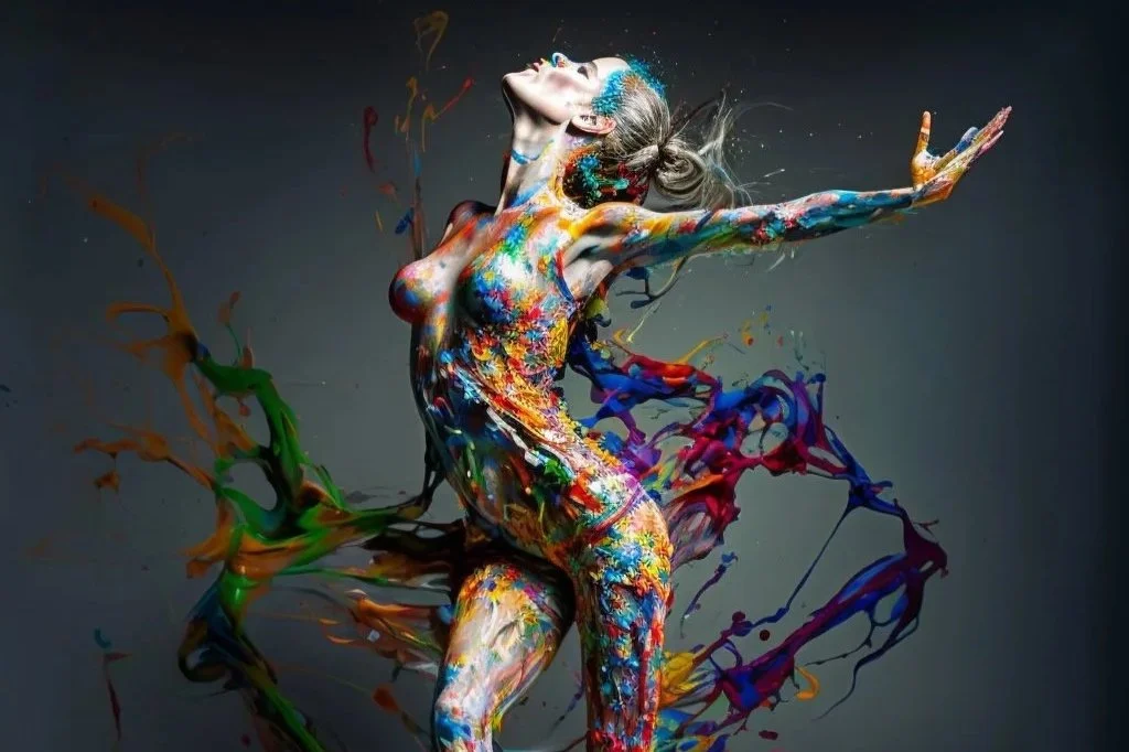 Une femme couverte de peinture colorée, posant artistiquement, avec des éclaboussures de peinture autour d'elle. Fond gris.