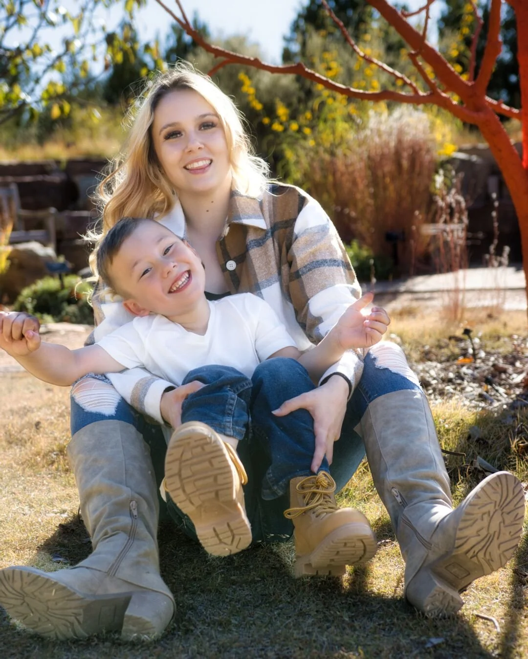 Mother and son photo-session in the fall. Fall portrait photography session