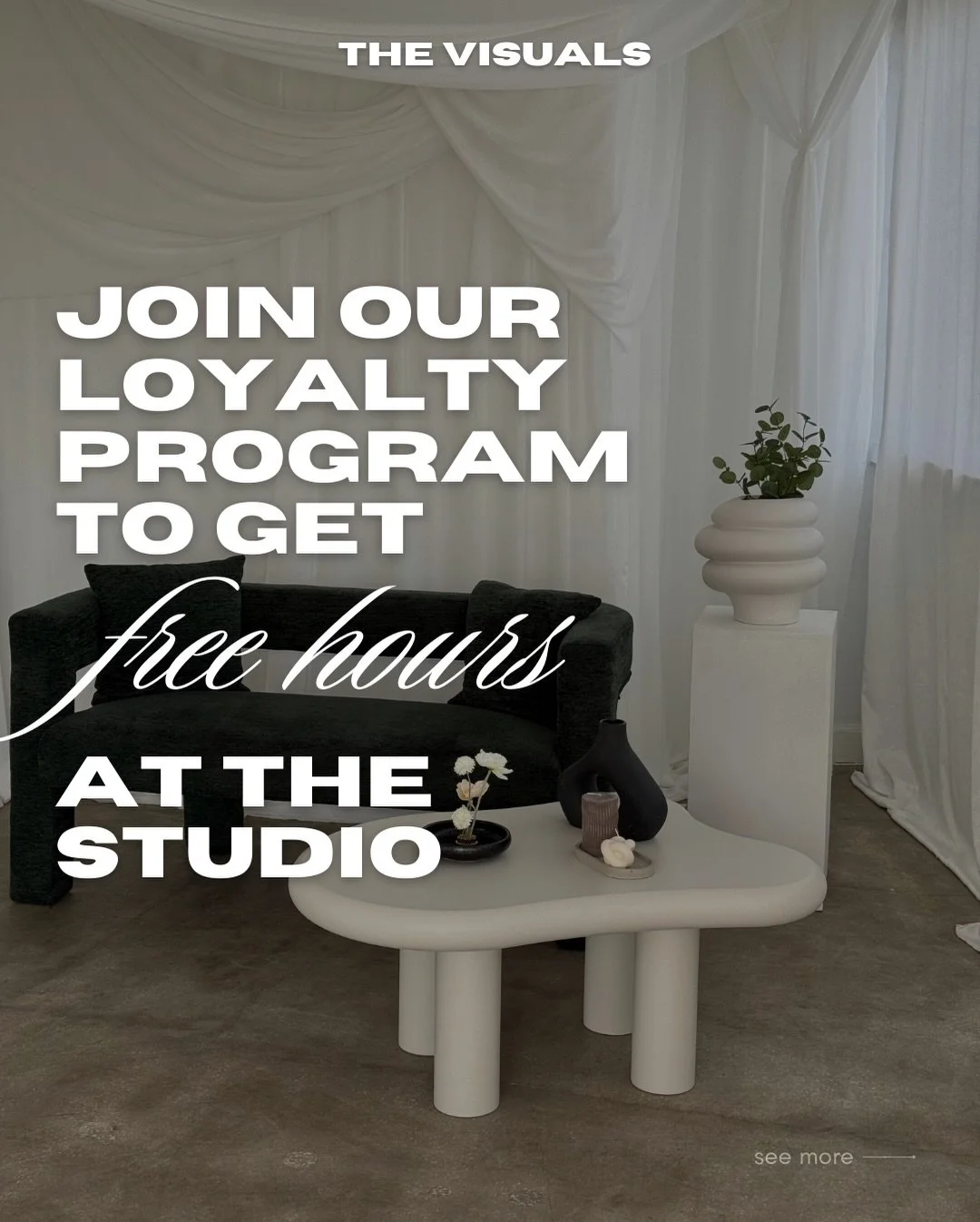 The Visuals Loyalty program🤍
Joining is easy:
&bull; Scan the QR code online or when you arrive at the studio
&bull; Fill out a quick form
&bull; Earn 1 point for every day you visit our studios
Once you collect 5 visits, you&rsquo;ll receive 1 FREE