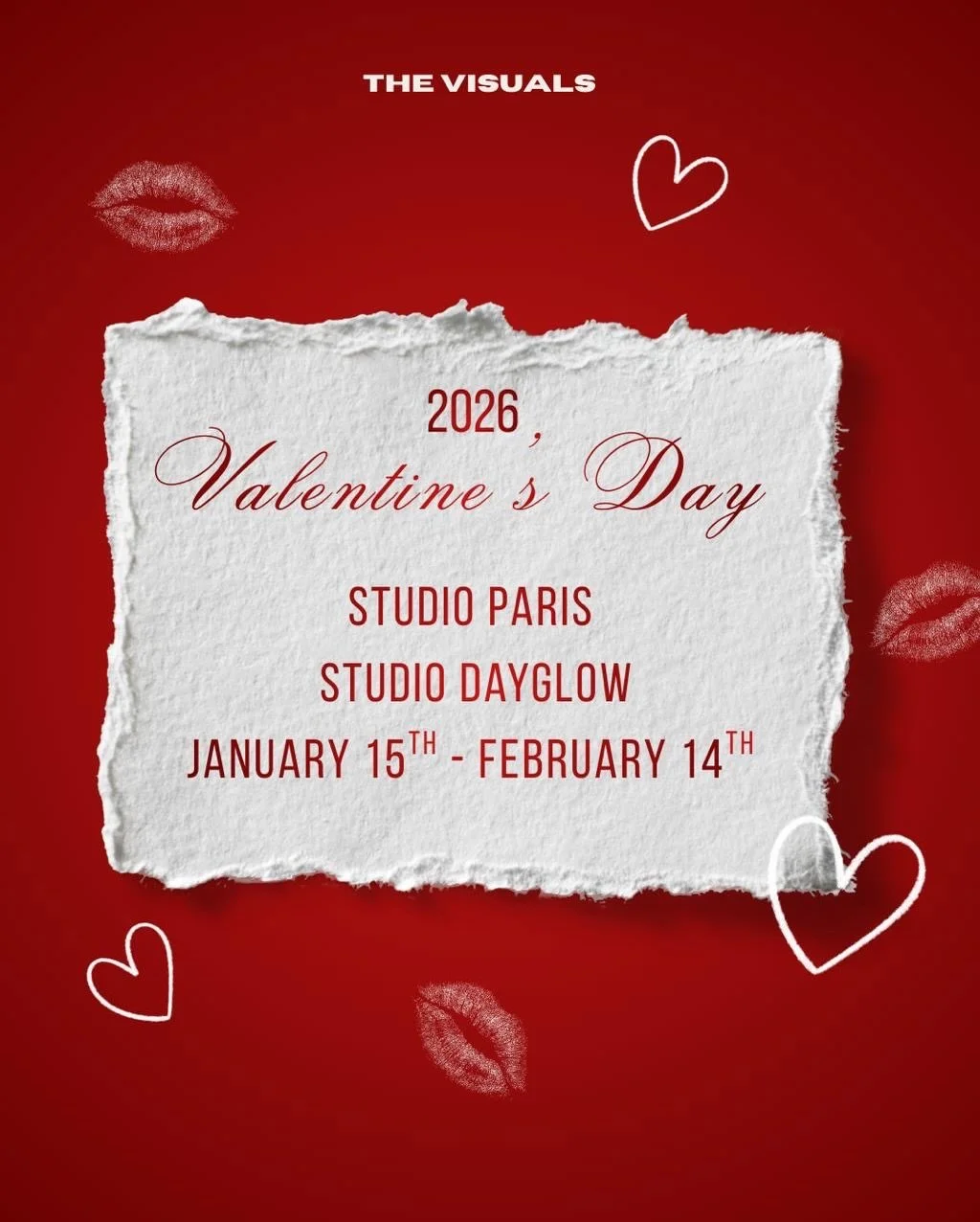 ✨ Valentine&rsquo;s Day at The Visuals ✨

We&rsquo;re so excited to announce our Valentine&rsquo;s Day setups for this year! 💌
We&rsquo;ll have two different setups available:
❤️ Studio Dayglow
💖 Studio Paris

You can book them separately or togeth