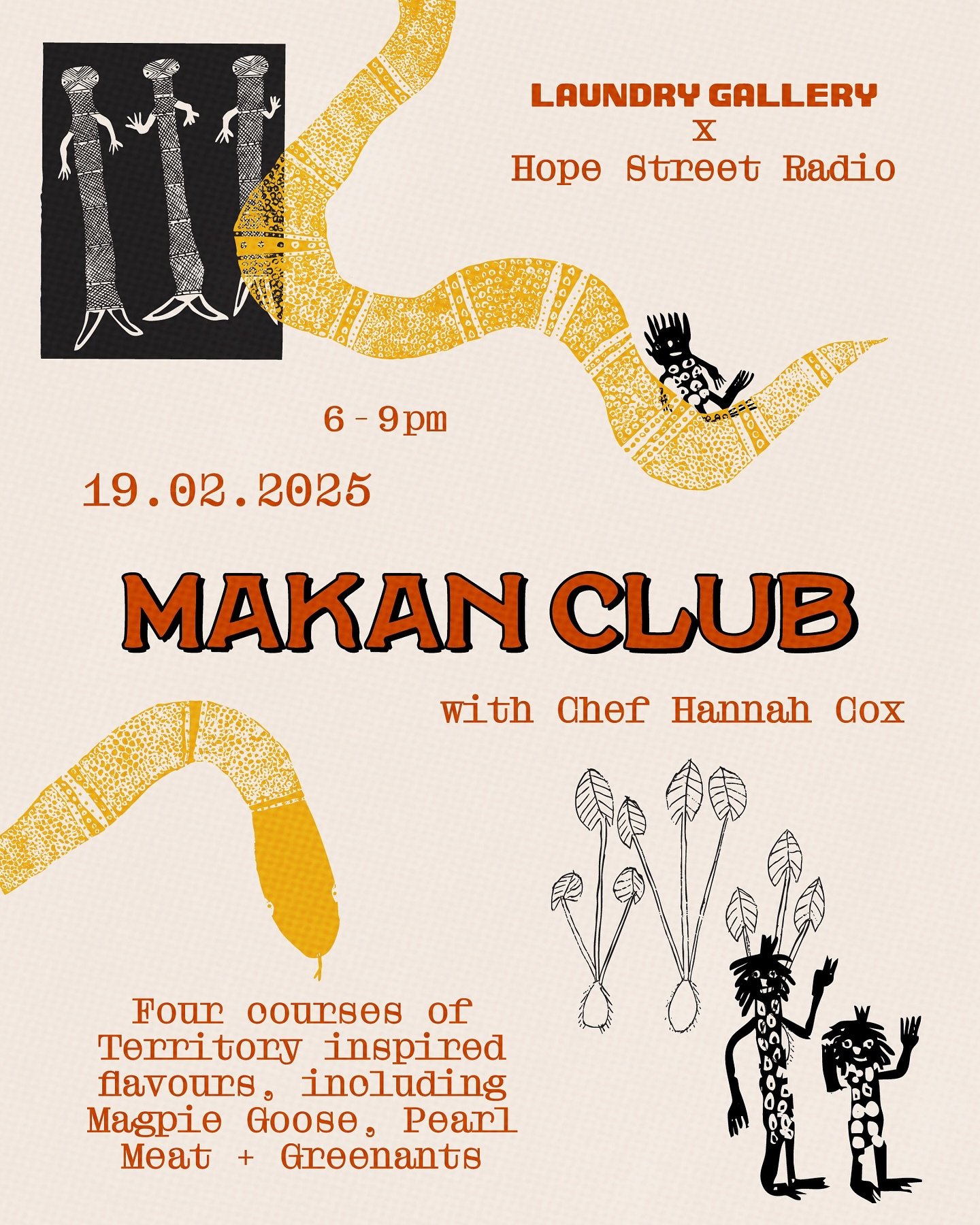 Makan Club Poster 🦤 Top end treats like magpie goose tostada by the talented chef Hannah Cox! Makan Club is brought to you by the one and only @laundrygallery_ @neeenaar!! Tables at @hopestradio adorned in art plates by Lucy Yarawanga from @maningri