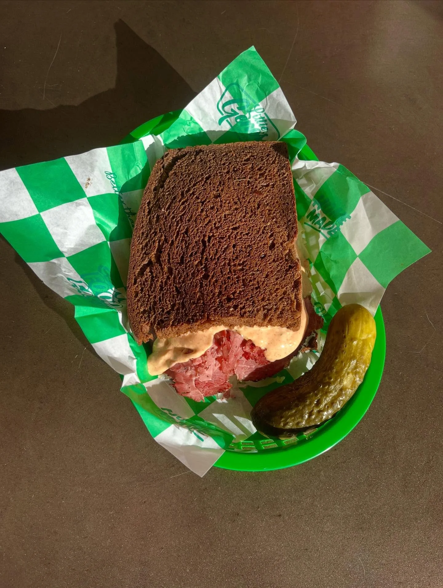 The REUBEN
Rye Bread
Pastrami
Sauerkraut 
Swiss Cheese
Russian Dressing
Served with a pickle 🥒
.
.
.
.
.
.
.
.
.
.
#deli #sandwiches #newyork 
#cafe #reuben #cubano 
#banhmi #italian #breakfast 
#bagel #vegan #vegansandwich 
#veganfood #newyorkdeli
