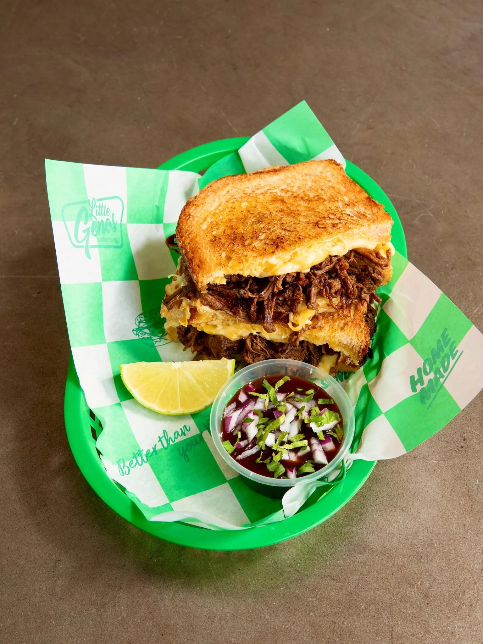 TIJUANA BEEF BIRRIA
Slow-braised Tijuana-style beef birria, grilled with melted cheese on toasted sourdough, served with a rich chilli consomme for dipping!