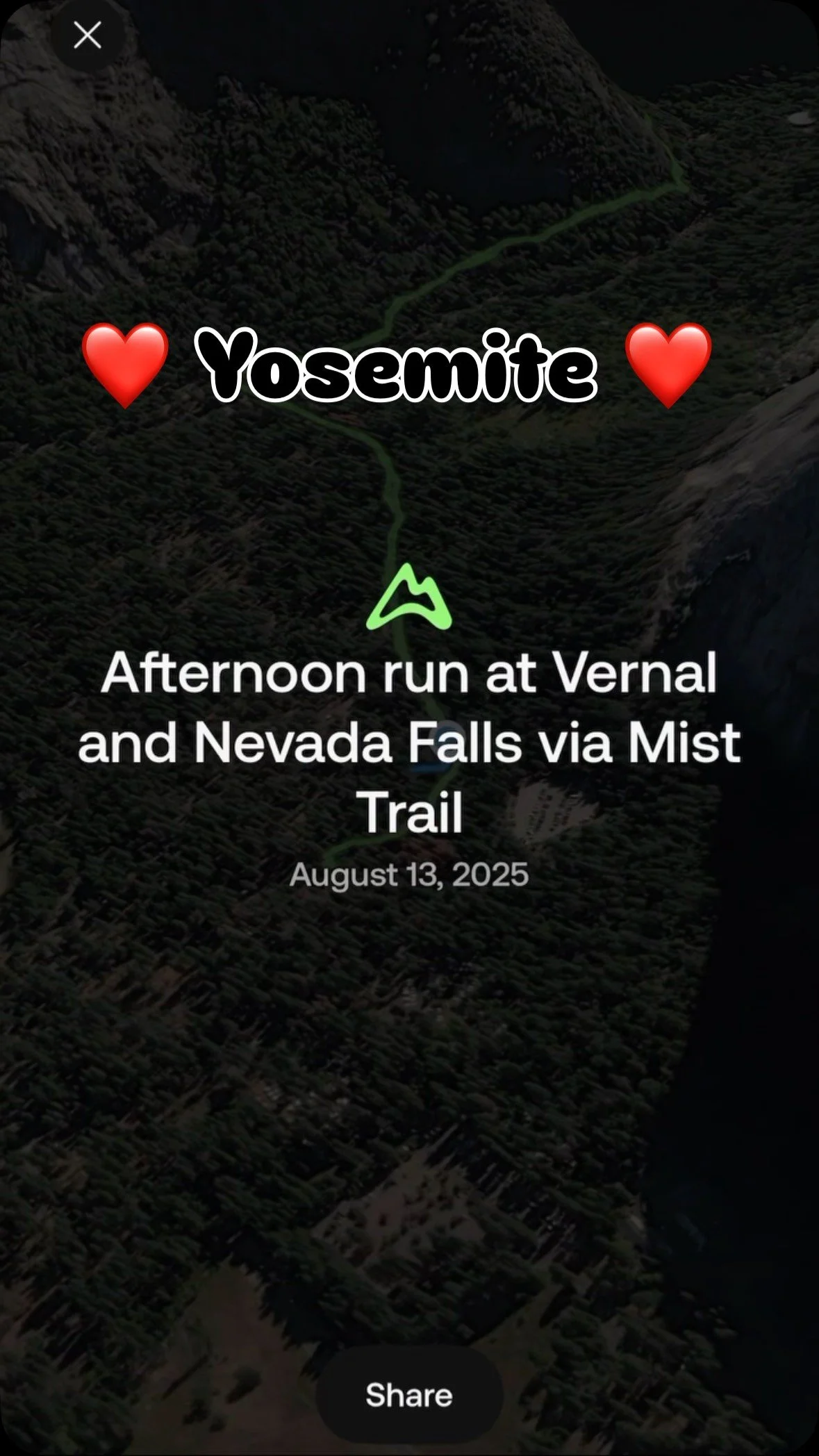 ✨ Another magical run in Yosemite! 🌲🏔️👟
Starting from the Valley floor at Upper Pines Campground 🏕️, I followed the winter route—skirting the closed Mist Trail for most of the day, detouring along the John Muir Trail, climbing up to Nevad