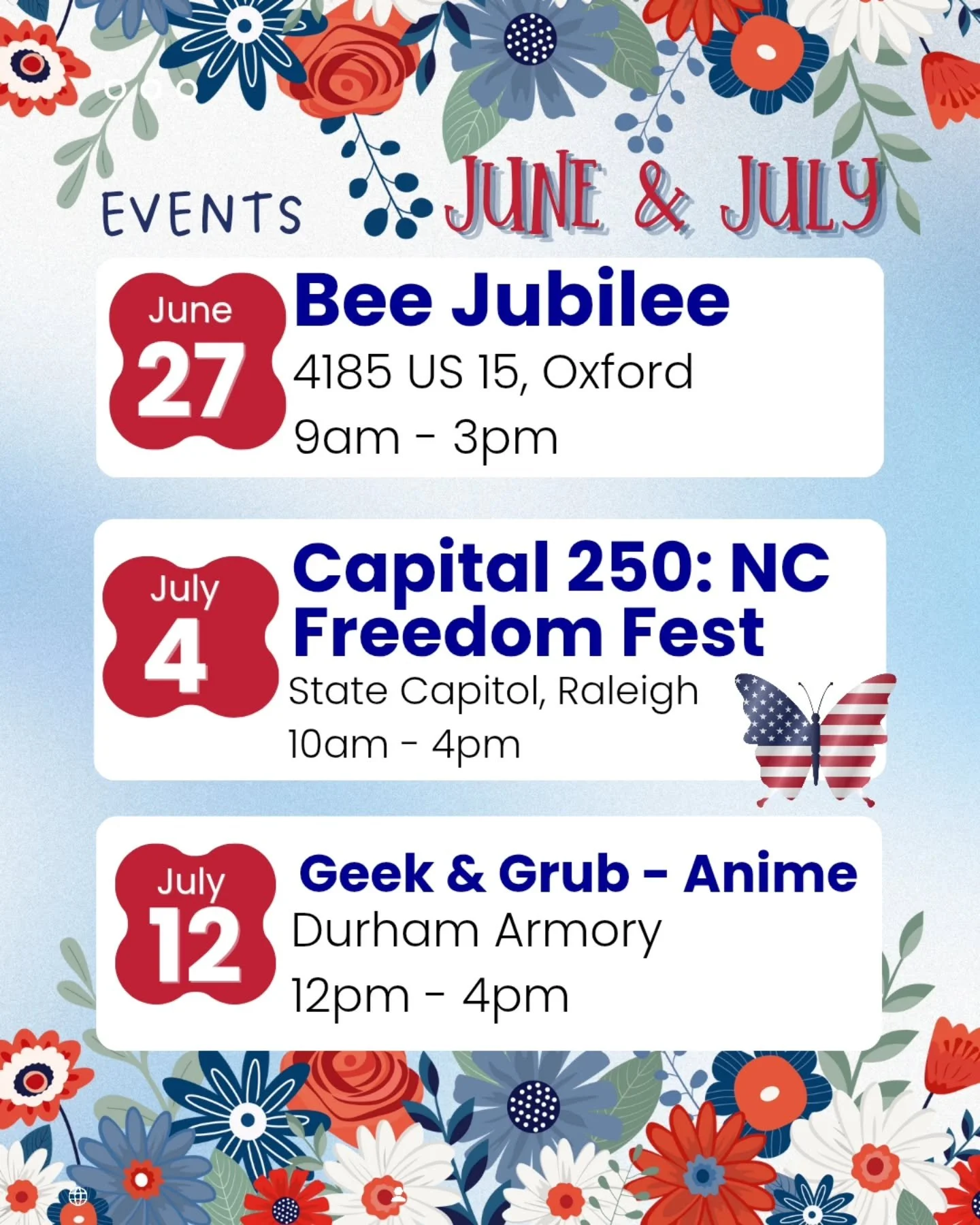 Summer is here!!

Here's where you can find me over the next month- actually the next three weekends in a row!!

So much fun to be had...

🐝 Grab some local honey &amp; lots of summer cuties at the Bee Jubilee on June 27th.

🎇🇺🇸 Celebrate the 250