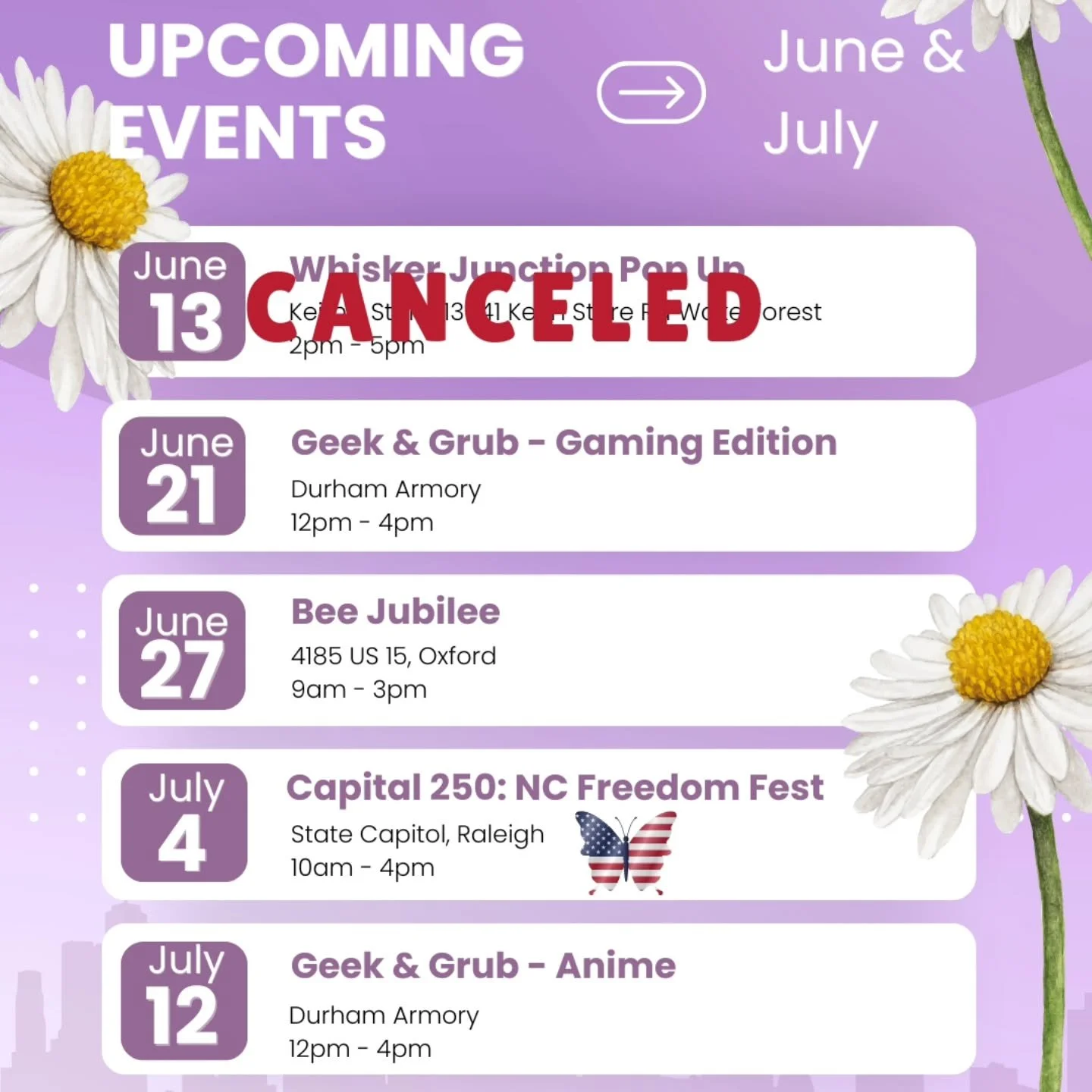 Updated event schedule. Unfortunately my first event in June was canceled but there is still lots of opportunities to find The Daisy Butterfly in the coming weeks!!