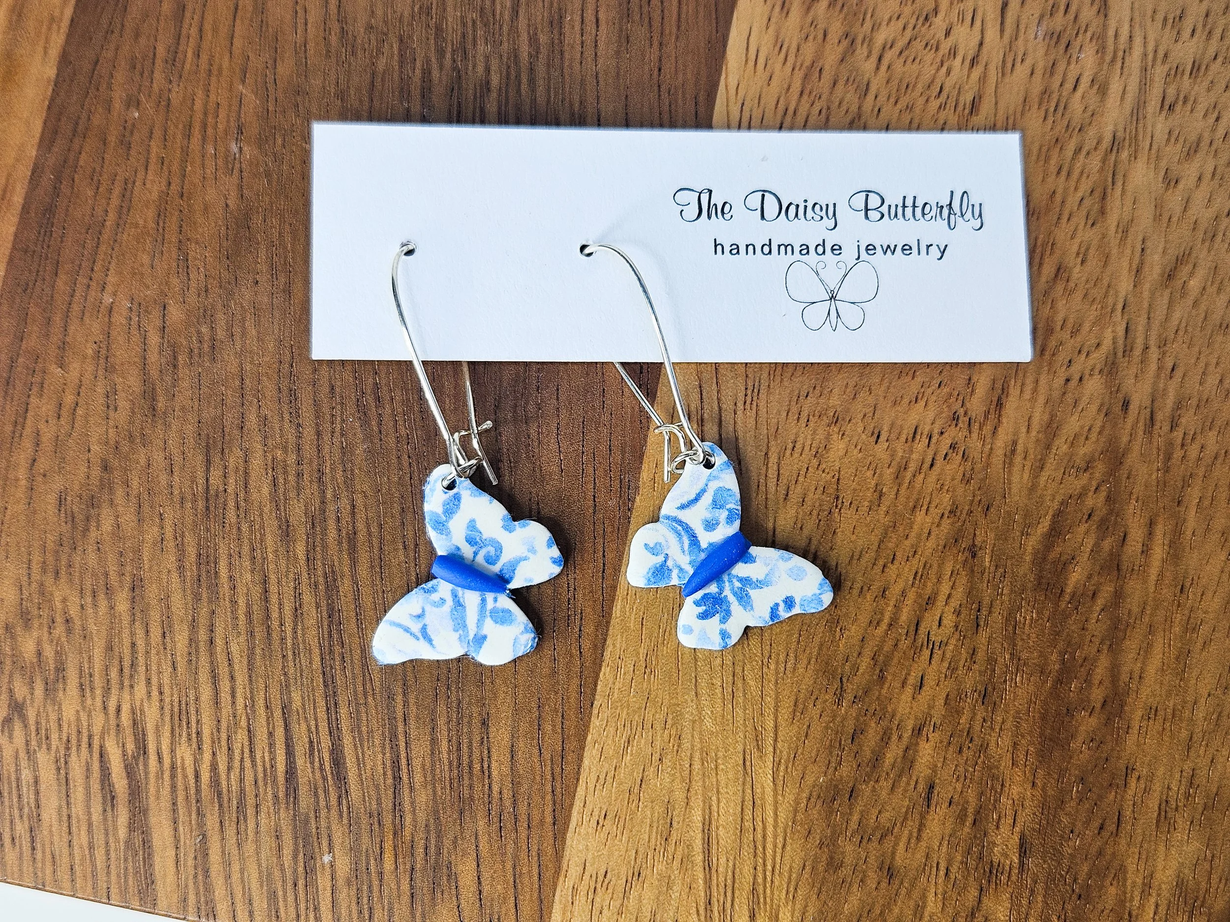 Blue & White Floral Butterflies on Silver Kidney Earwires