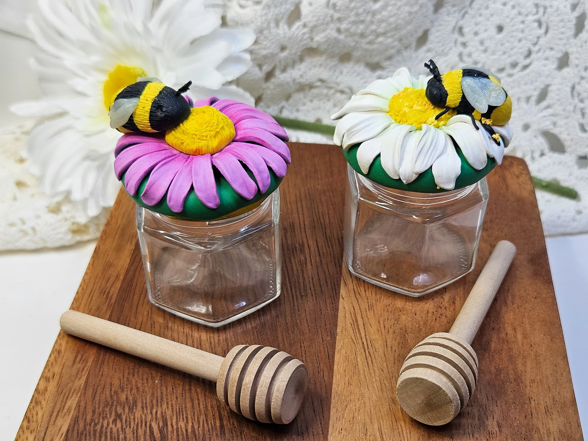 Tiny Honey Jars - Decorative Lids, with Honey Dipper