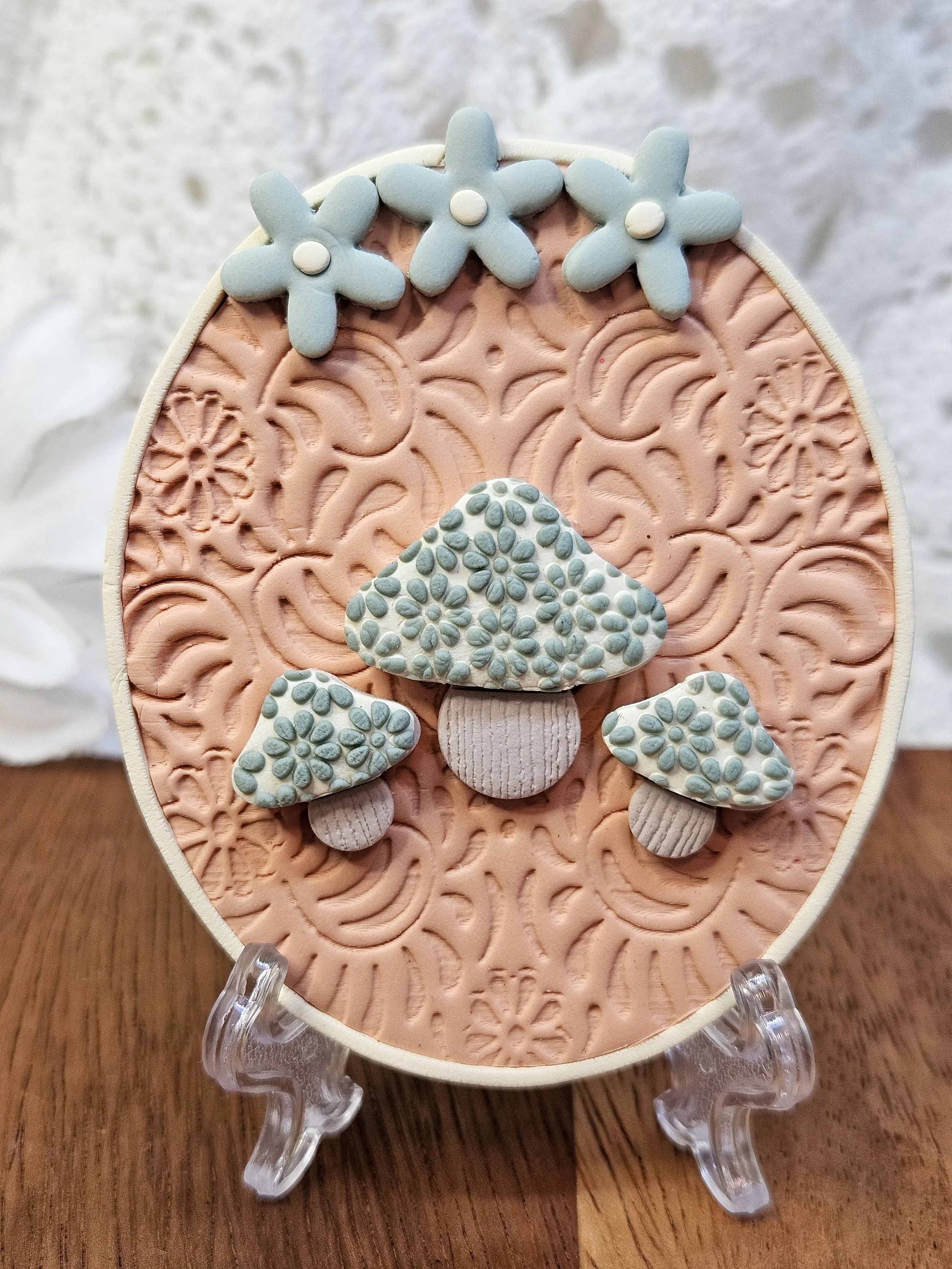 "Floral Mushroom Trio" - Clay Art Tile