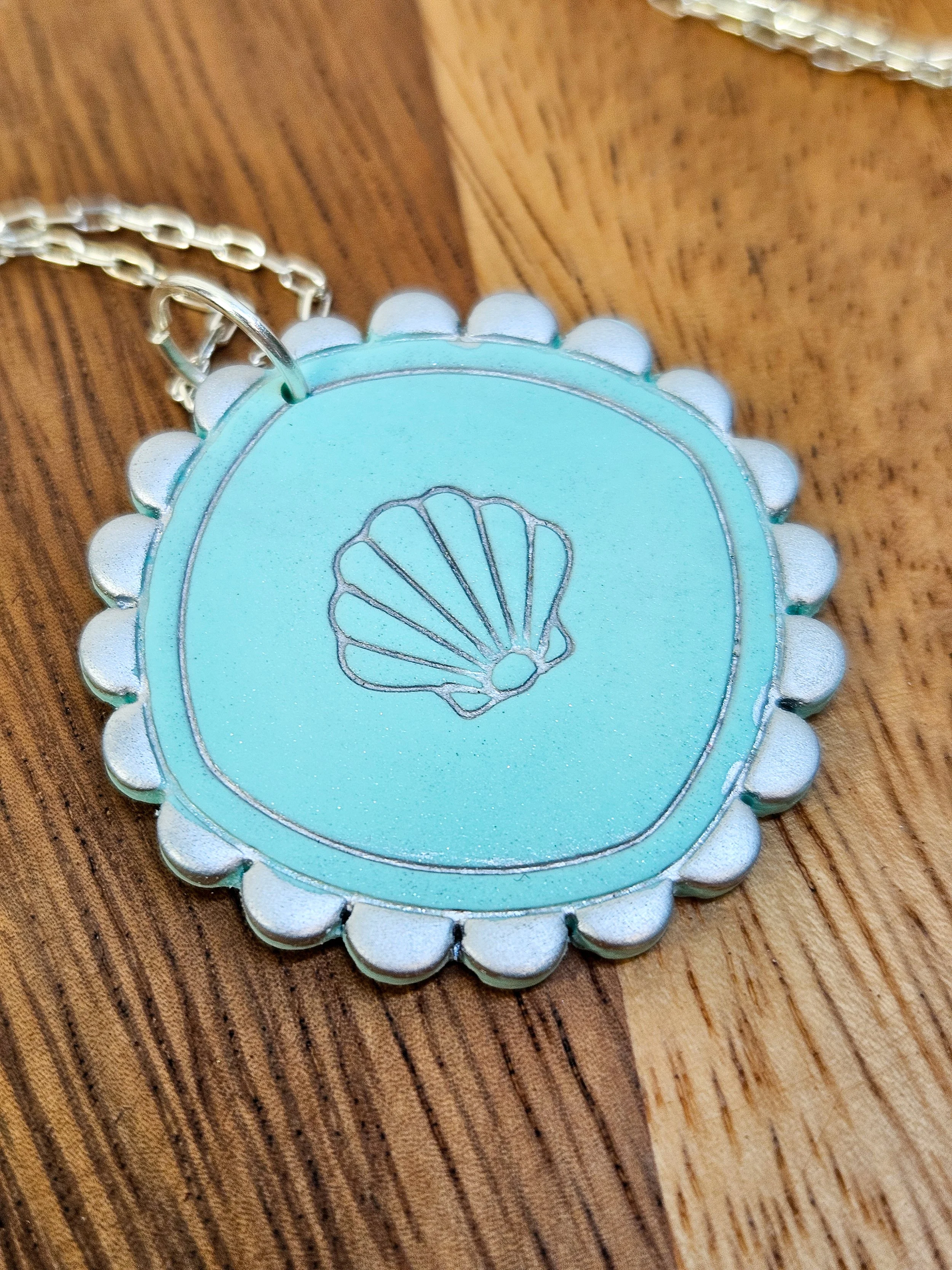 Aqua Blue Scallop Medallion Necklace