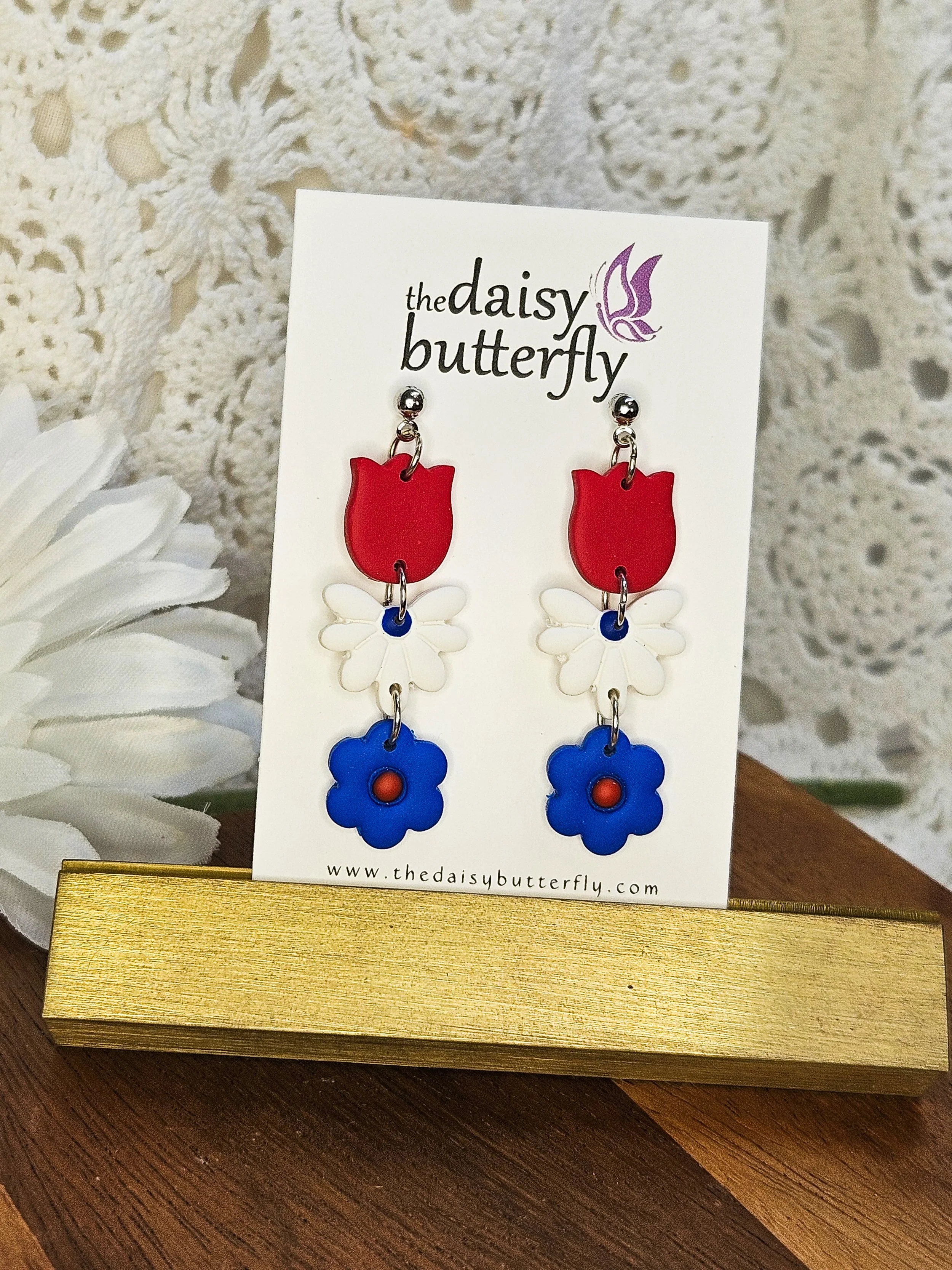 Flower Trio Dangles - Red, White and Blue Earrings