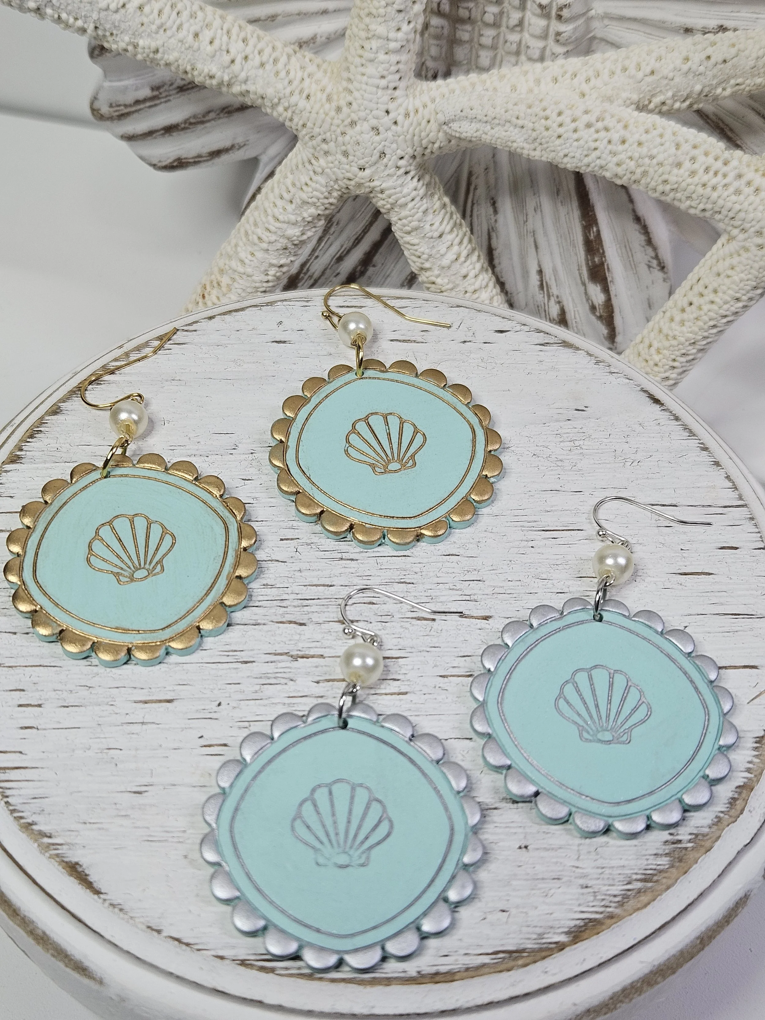 Aqua Blue Scallop Medallion Earrings