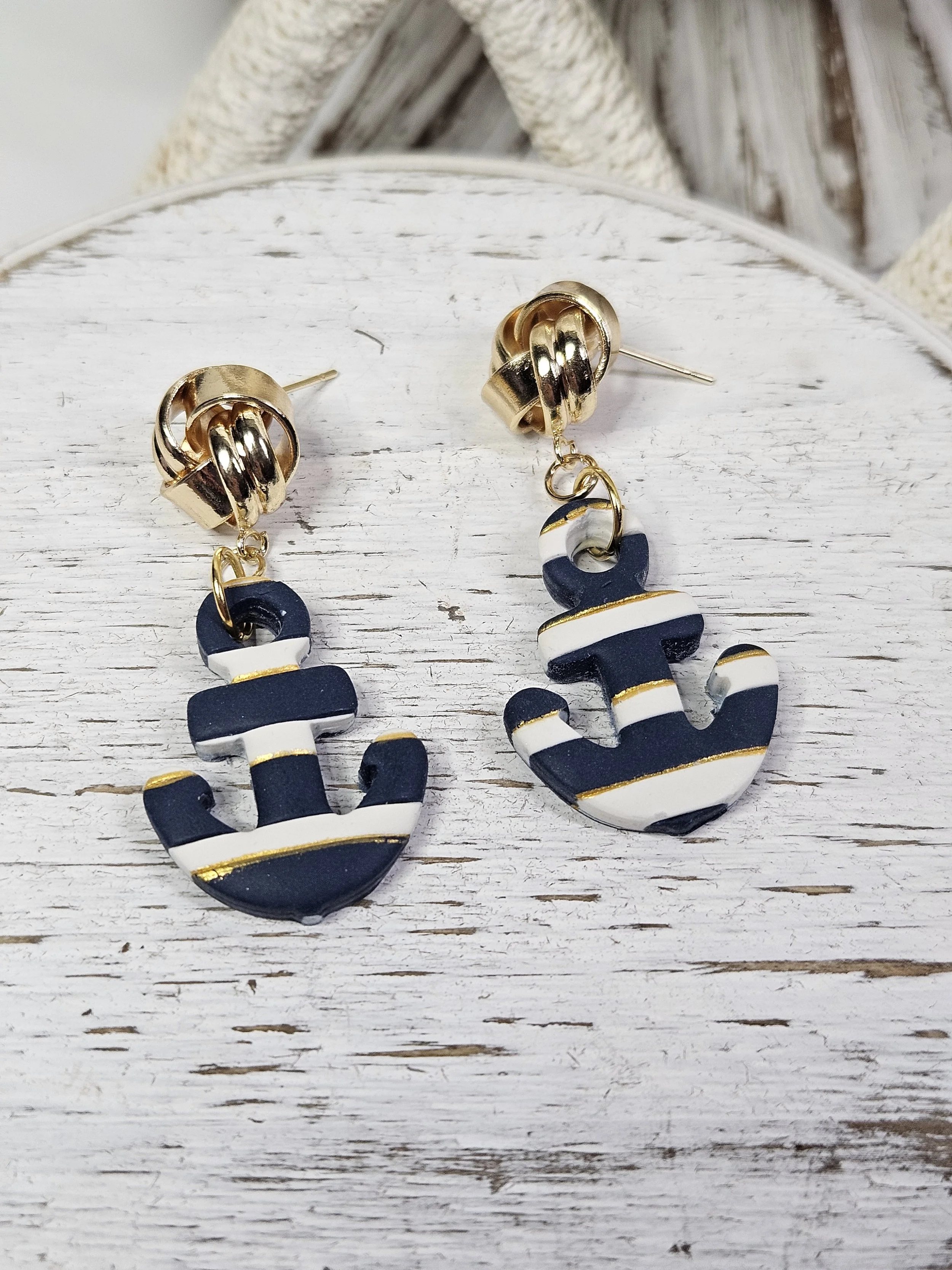 Navy, White & Gold Striped Anchor Earrings