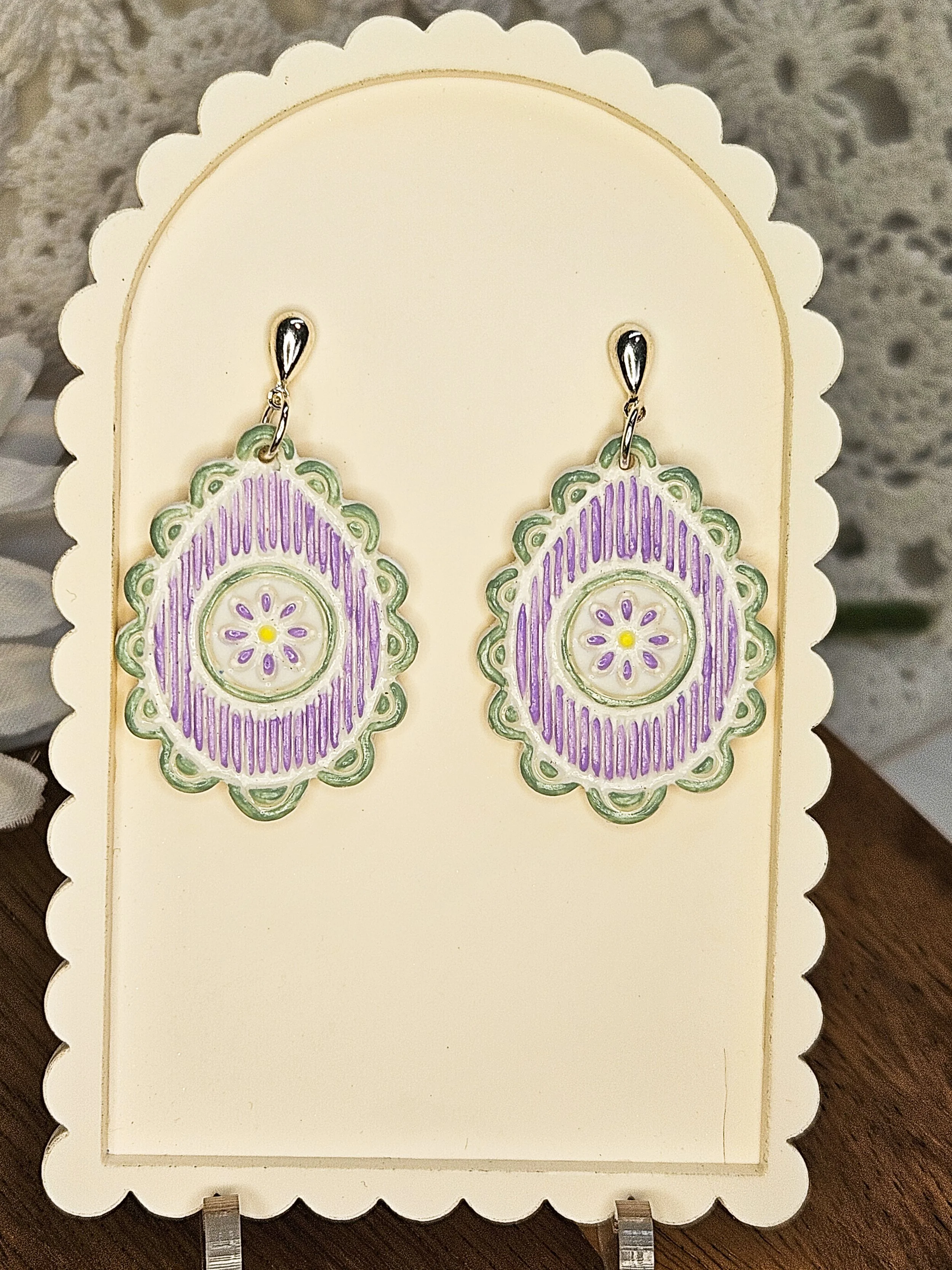 Handpainted Scalloped Teardrop Floral Earring