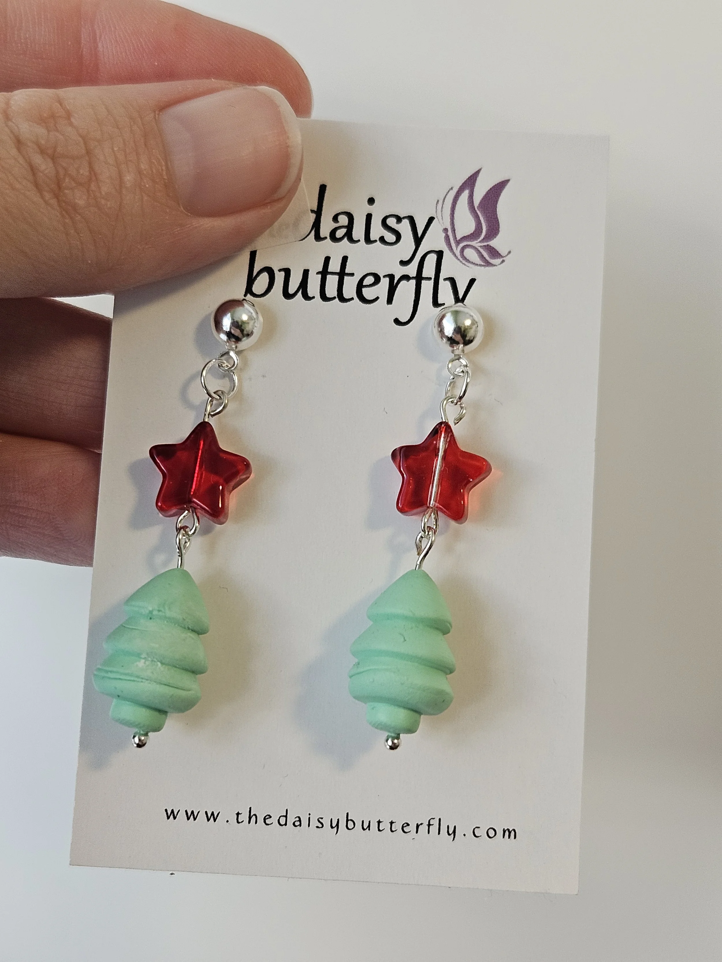 Christmas Tree Bead with Red Star Earrings