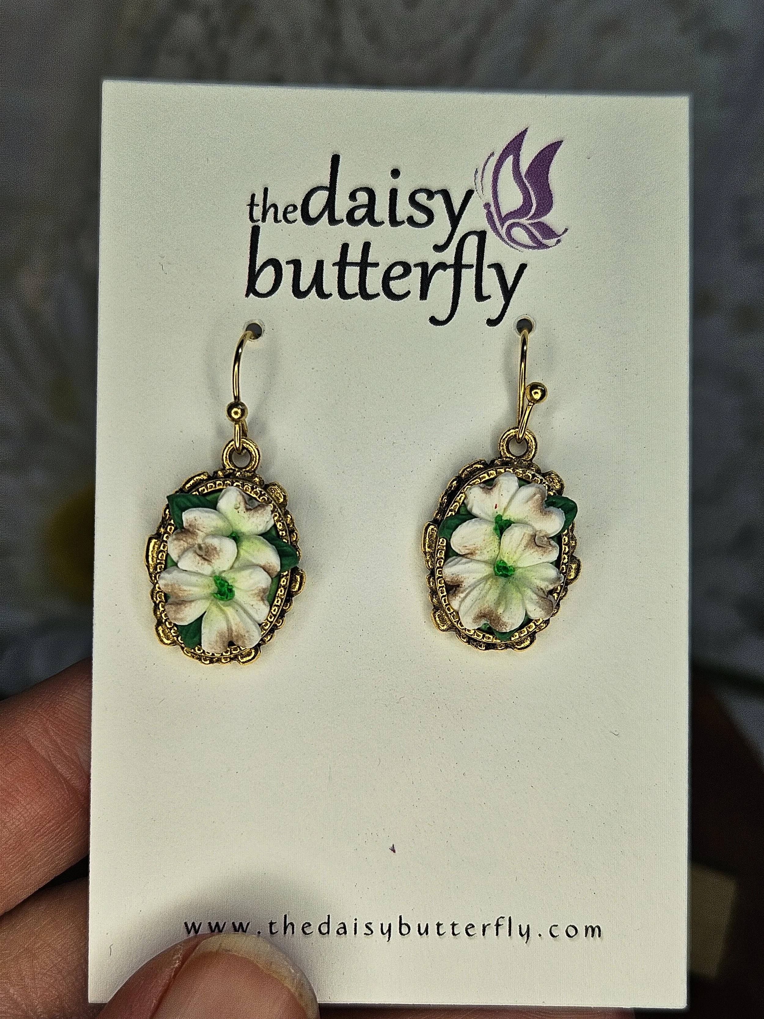 Dogwood Flowers on Decorative Bezel Earrings