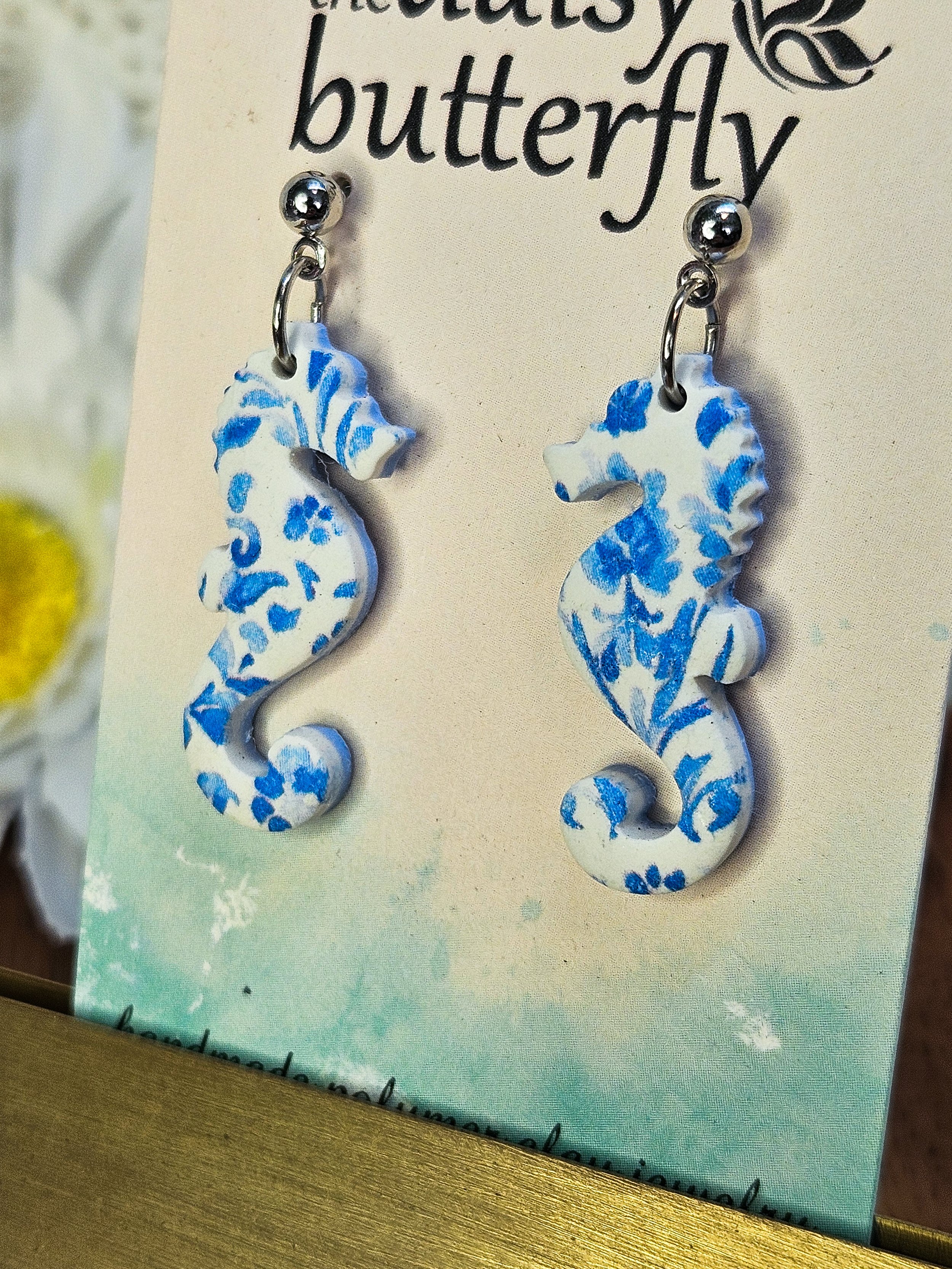 Blue Floral Seahorse Earrings