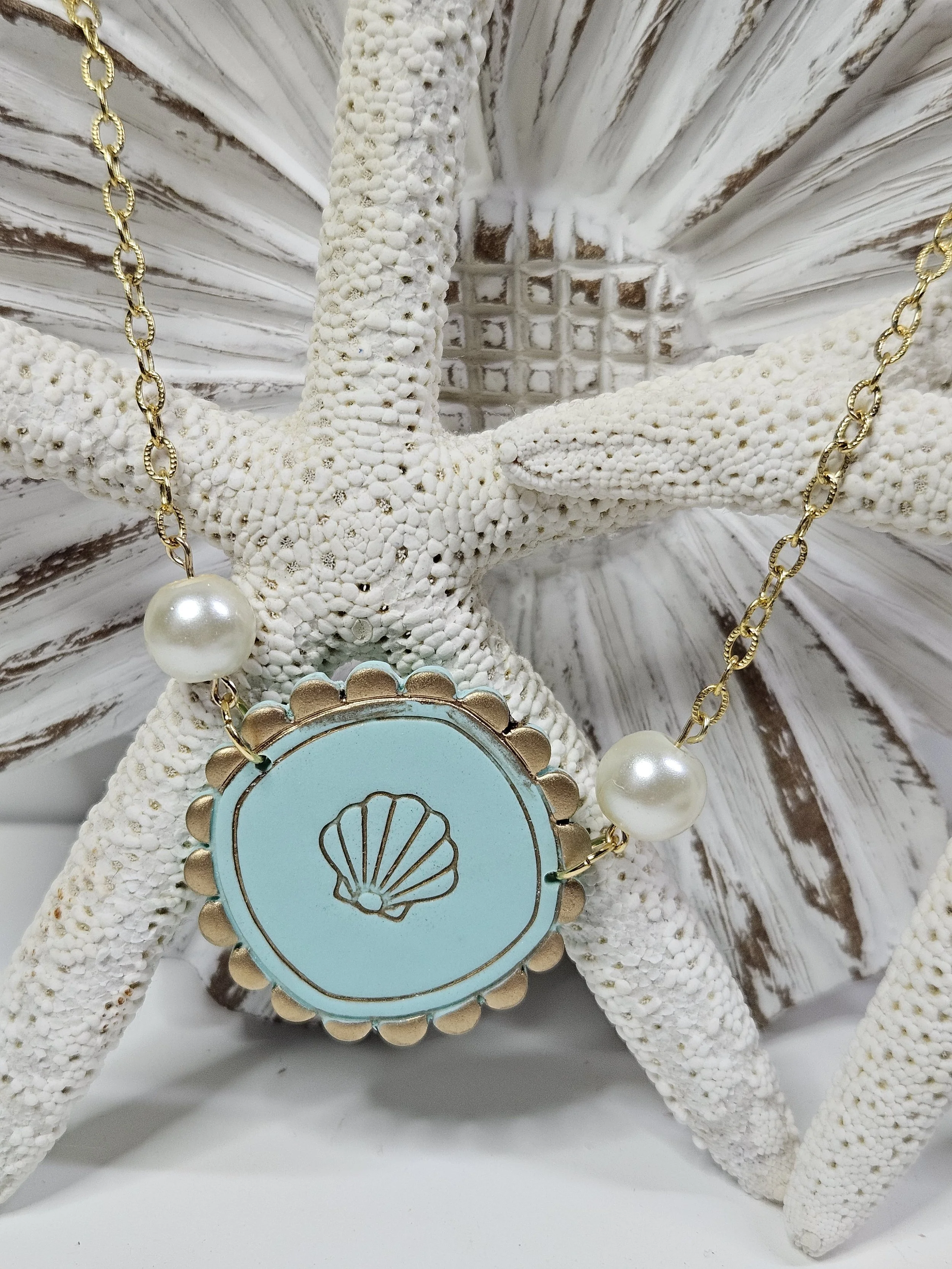 Aqua Blue Scallop Medallion Necklace