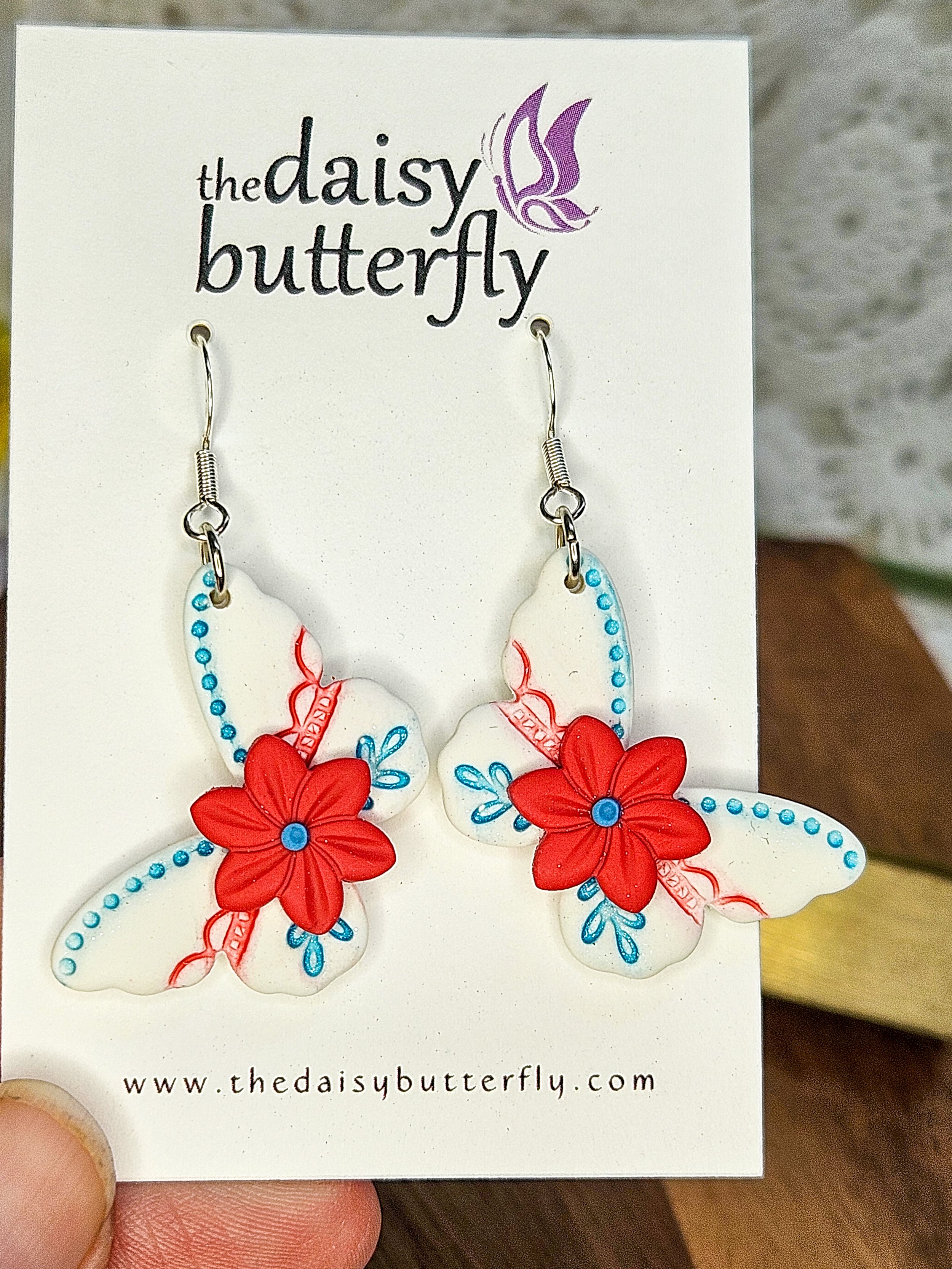 Red & Turquoise Blue Floral Butterfly Earrings