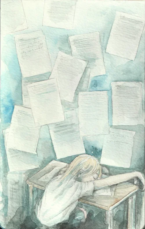 illustration of girl with head on desk