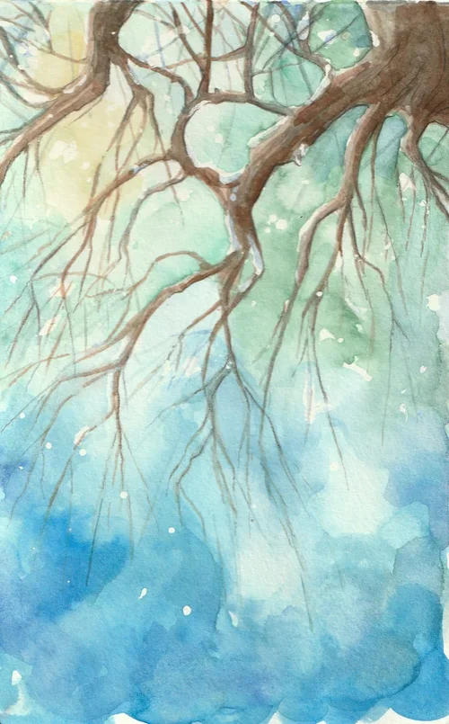 illustration of tree branch over watercolor sky
