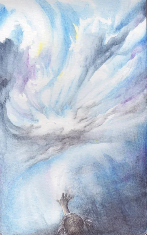 illustration of hand reaching toward clouds