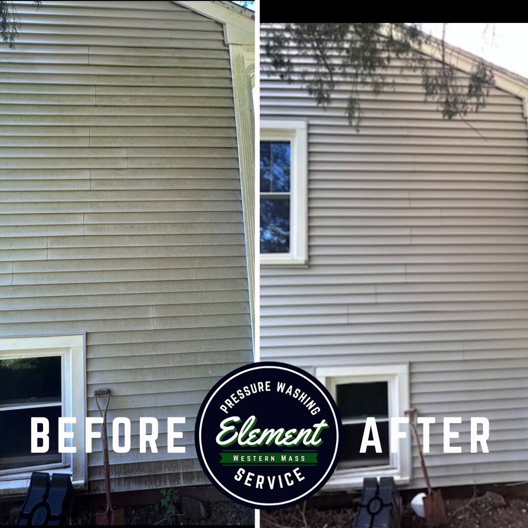 Cleaning Vinyl Siding on a House. Pressure washing service by Element Pressure Washing, South Deerfield, Massachusetts