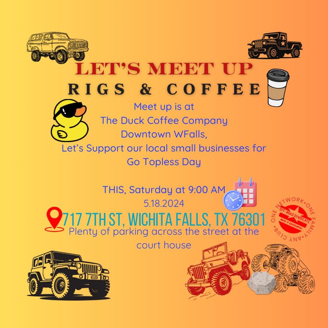 Who&rsquo;s sticking around town this weekend? 

Meeting up at ☕️The Duck Coffee Company 🩵 downtown for  Go Topless Day
 ~THIS ~ Saturday at 9:00 AM! 🕘 

Let&rsquo;s meet up for some rigs &amp; coffee and show off!
Plenty of parking across from the