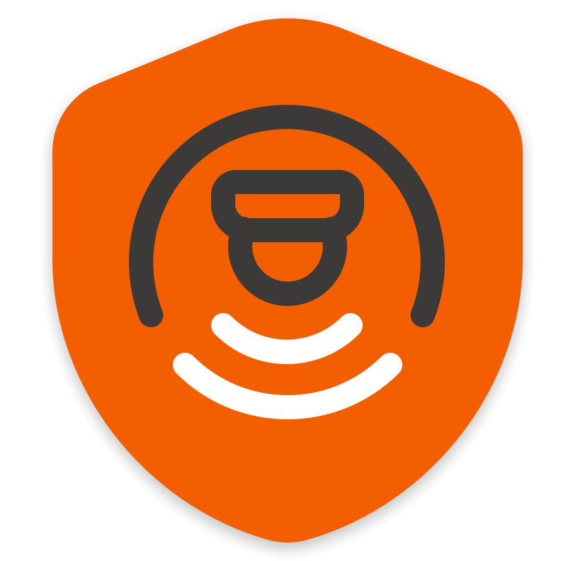 An orange shield-shaped emblem with a stylized security camera icon in the center, depicted in black and white.