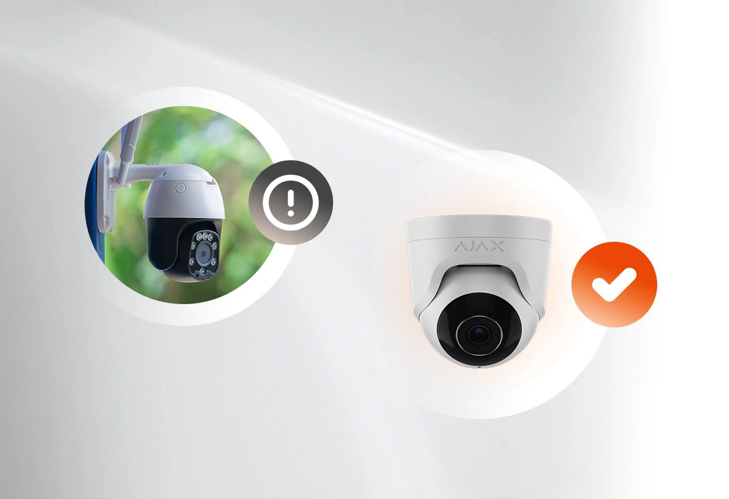 Image showing a security camera on the left with a warning icon and a different security camera on the right with a check mark, indicating a contrast between an alert or problem and a resolved or approved status.