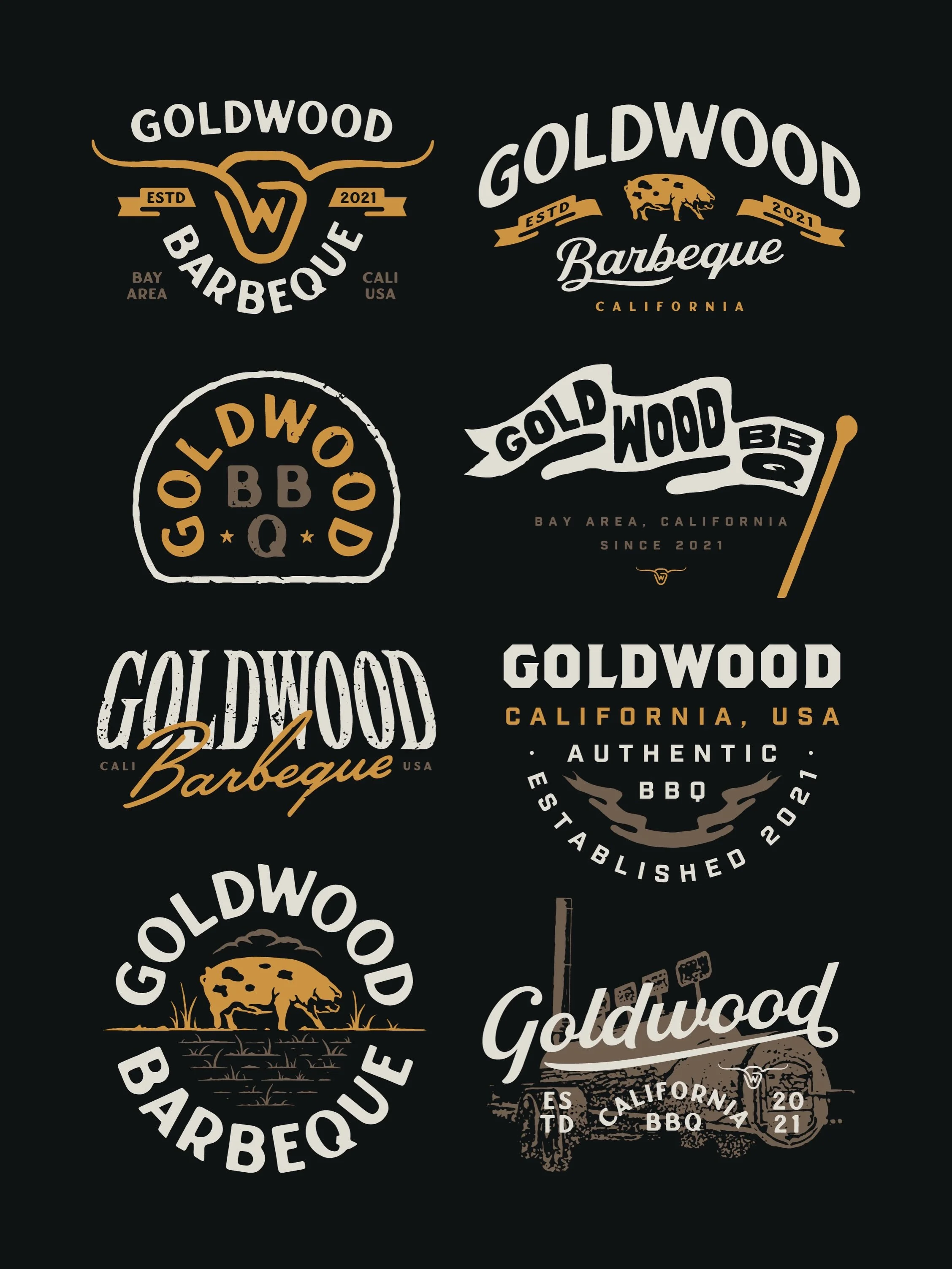 Brand logo kit for Goldwood Barbeque. This set was an absolute blast to create, very happy with how these turned out.

Both approved and unapproved concepts shown.