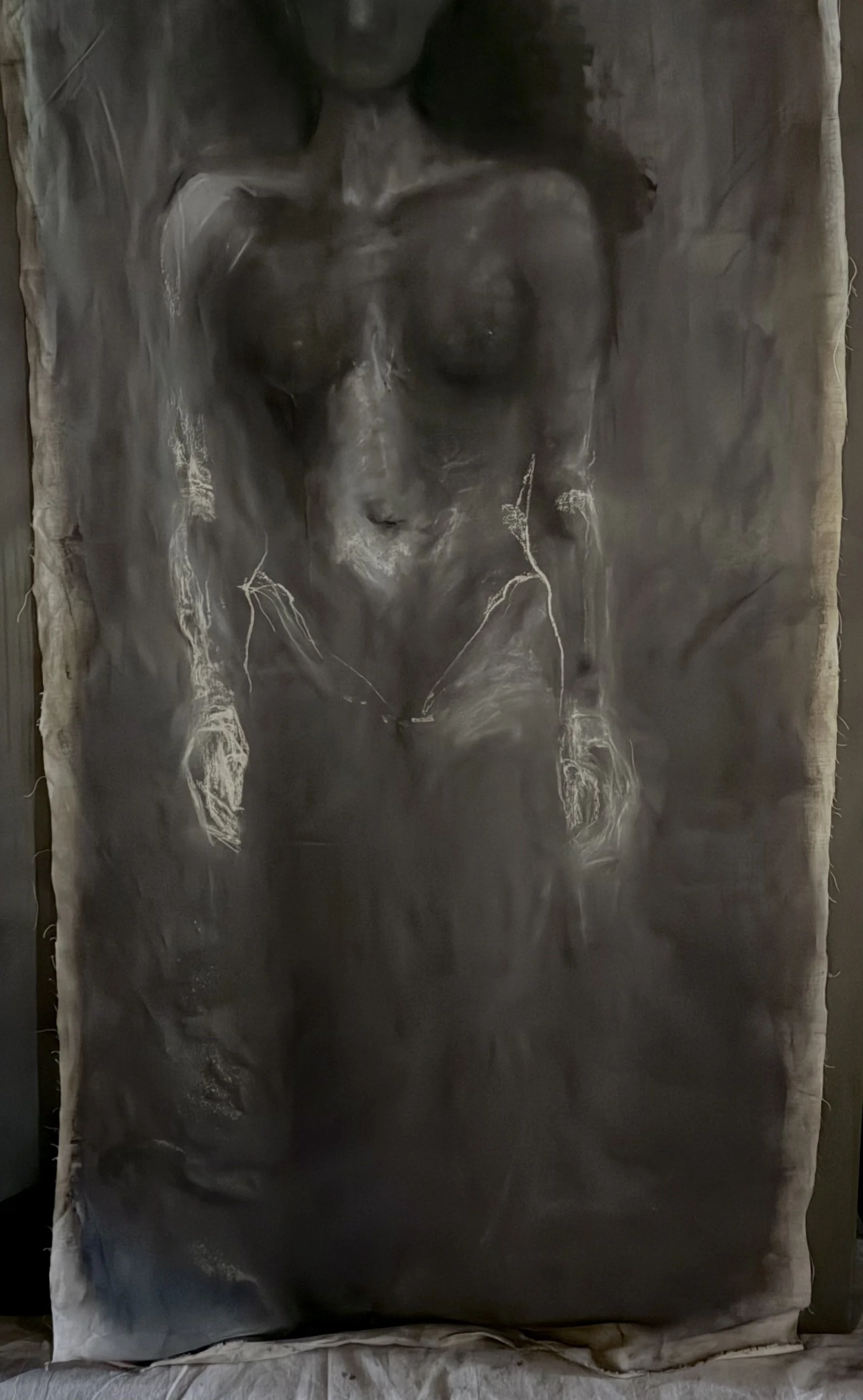 The Else of Somewhere Else, 2026
Acrylic, charcoal, desert sand on raw linen
175 x 100cm